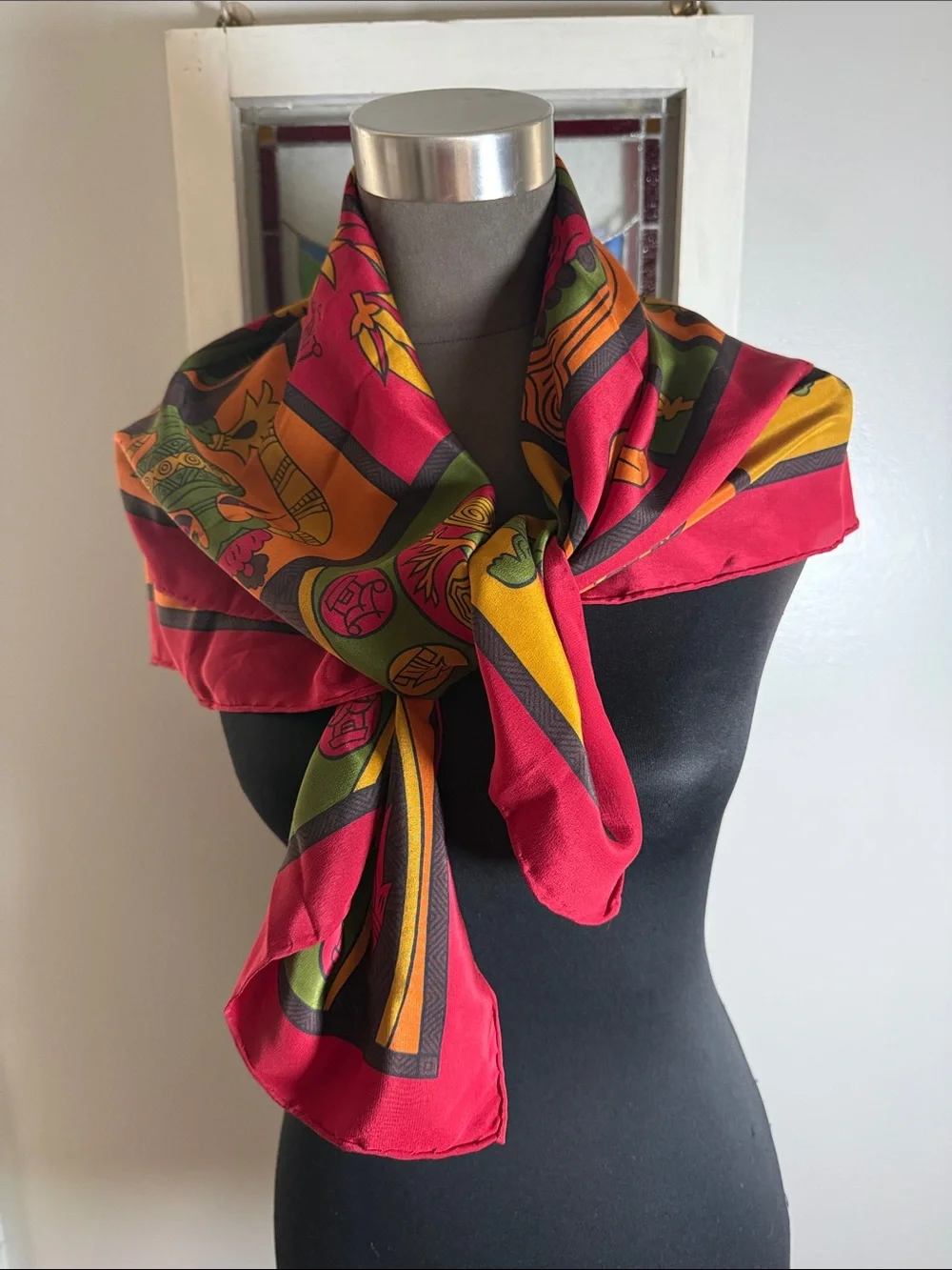 Vintage Doncaster 100% Silk Scarf – Vibrant Red Multi-Color Ethnic/Tribal Print