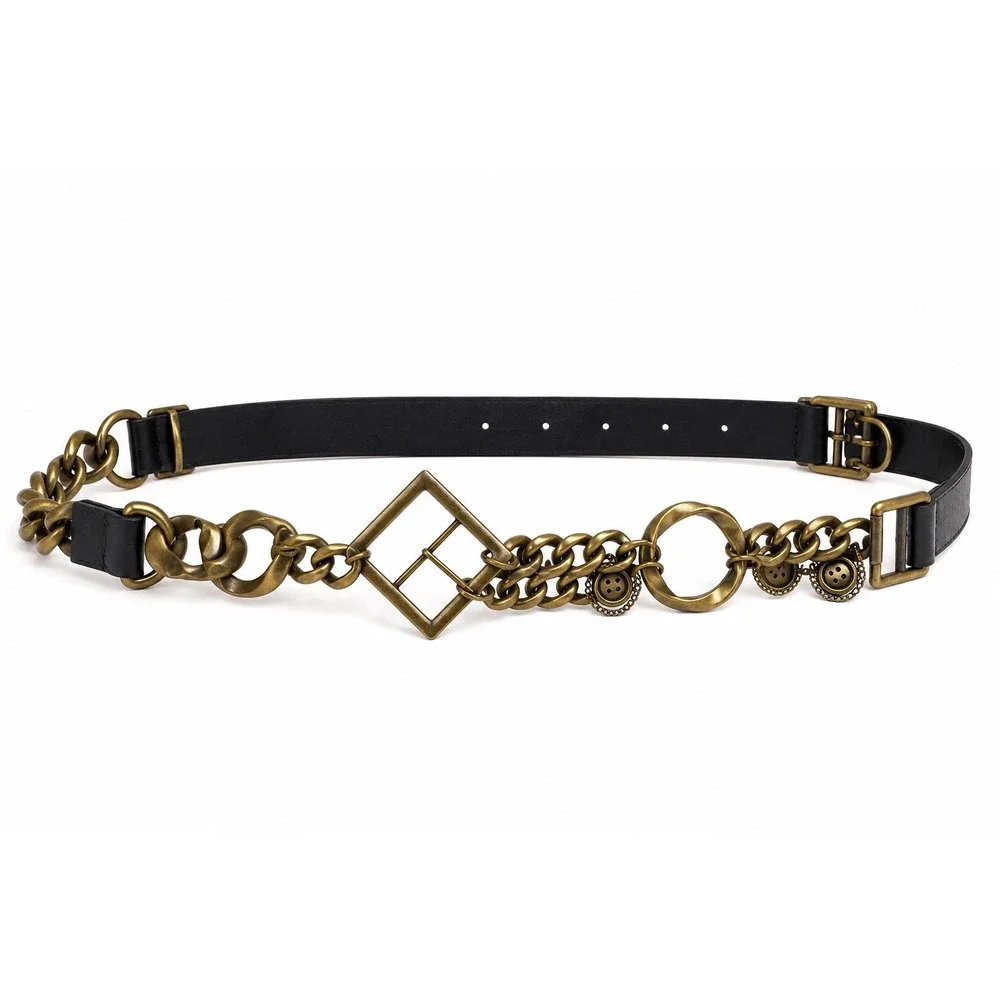 Zara Black Leather Chunky Antique Brass Chain Statement Belt 80 Geometric‎
