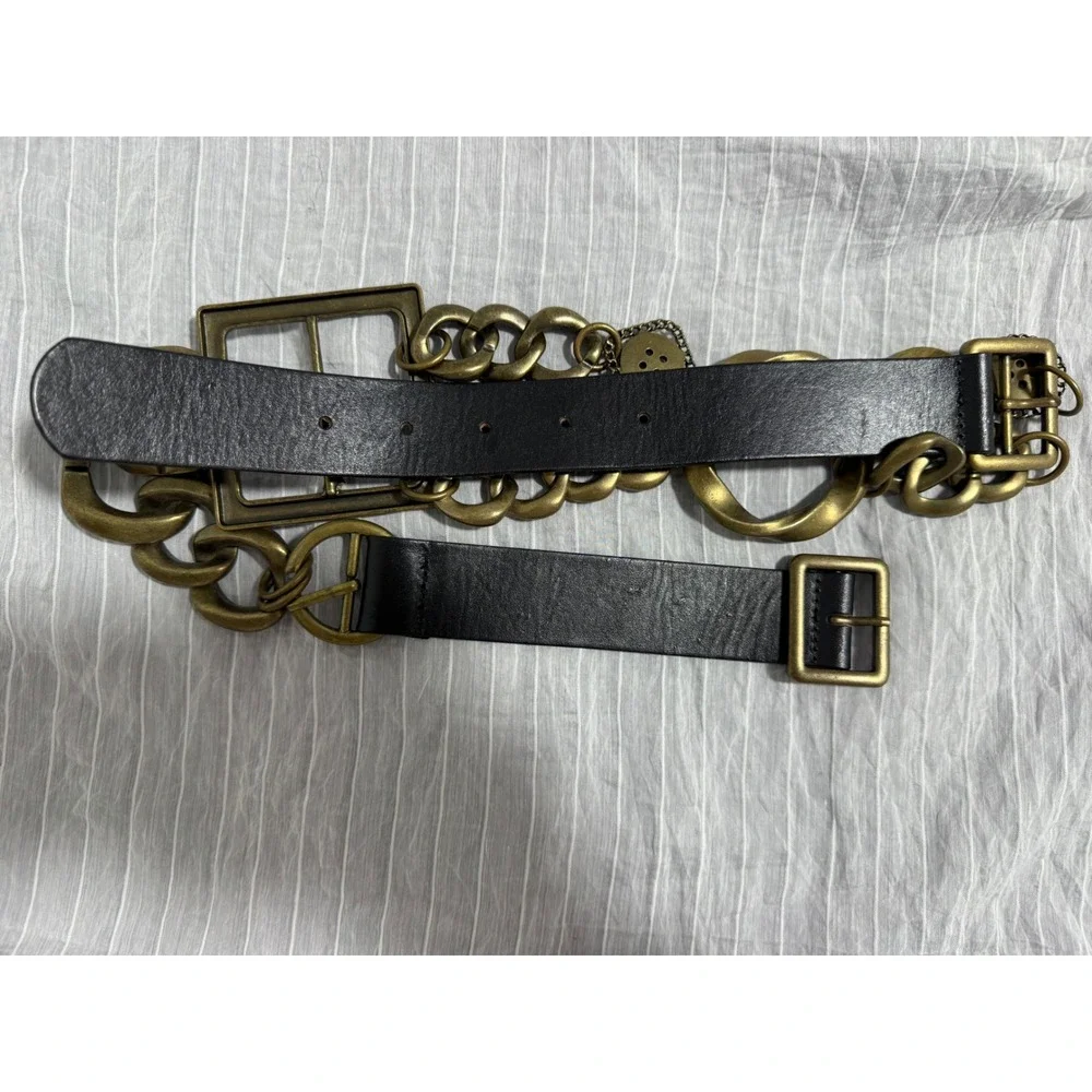 Zara Black Leather Chunky Antique Brass Chain Statement Belt 80 Geometric‎