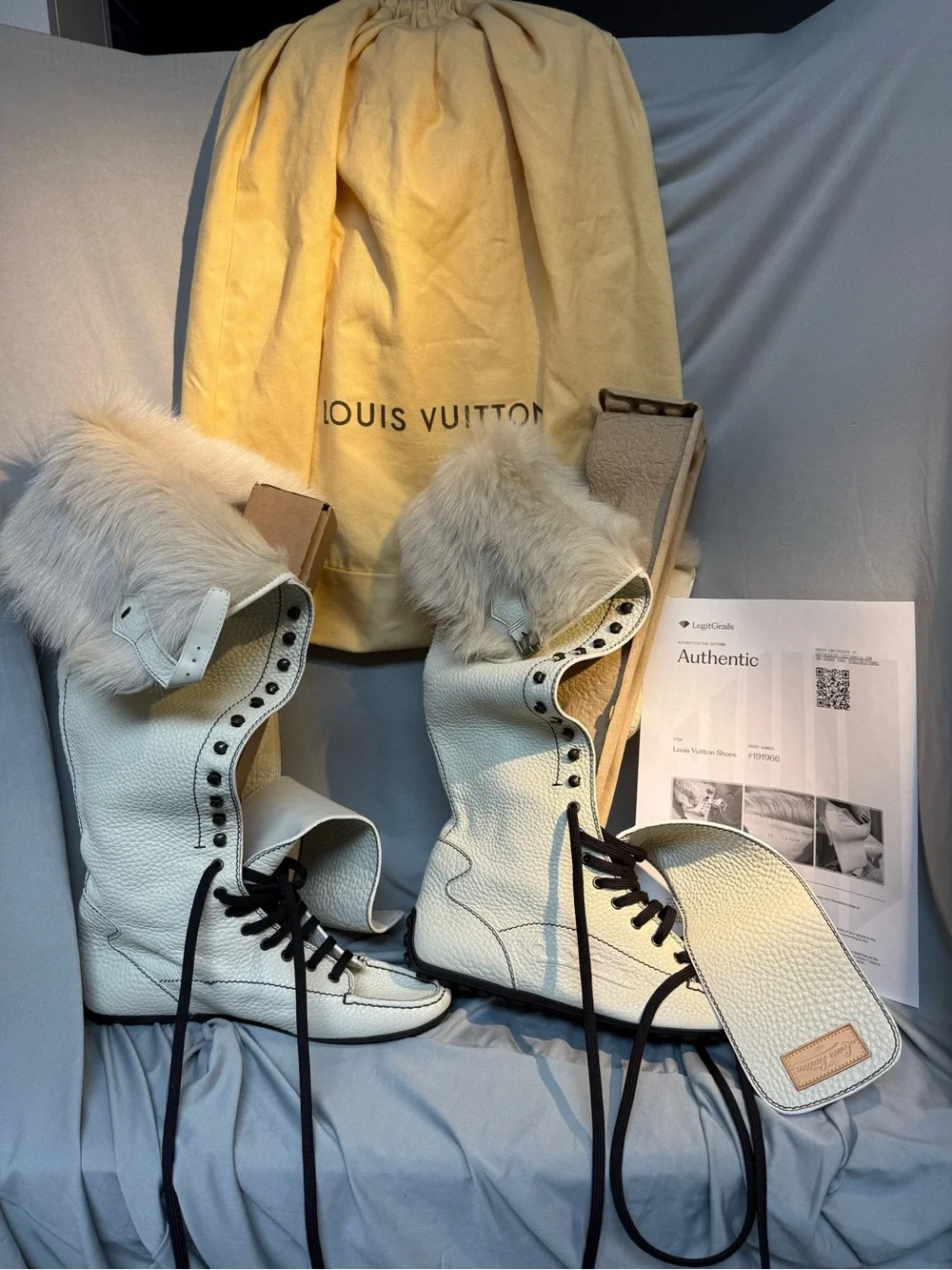 Louis Vuitton Cream Leather Fur-Trim Lace-Up Boots