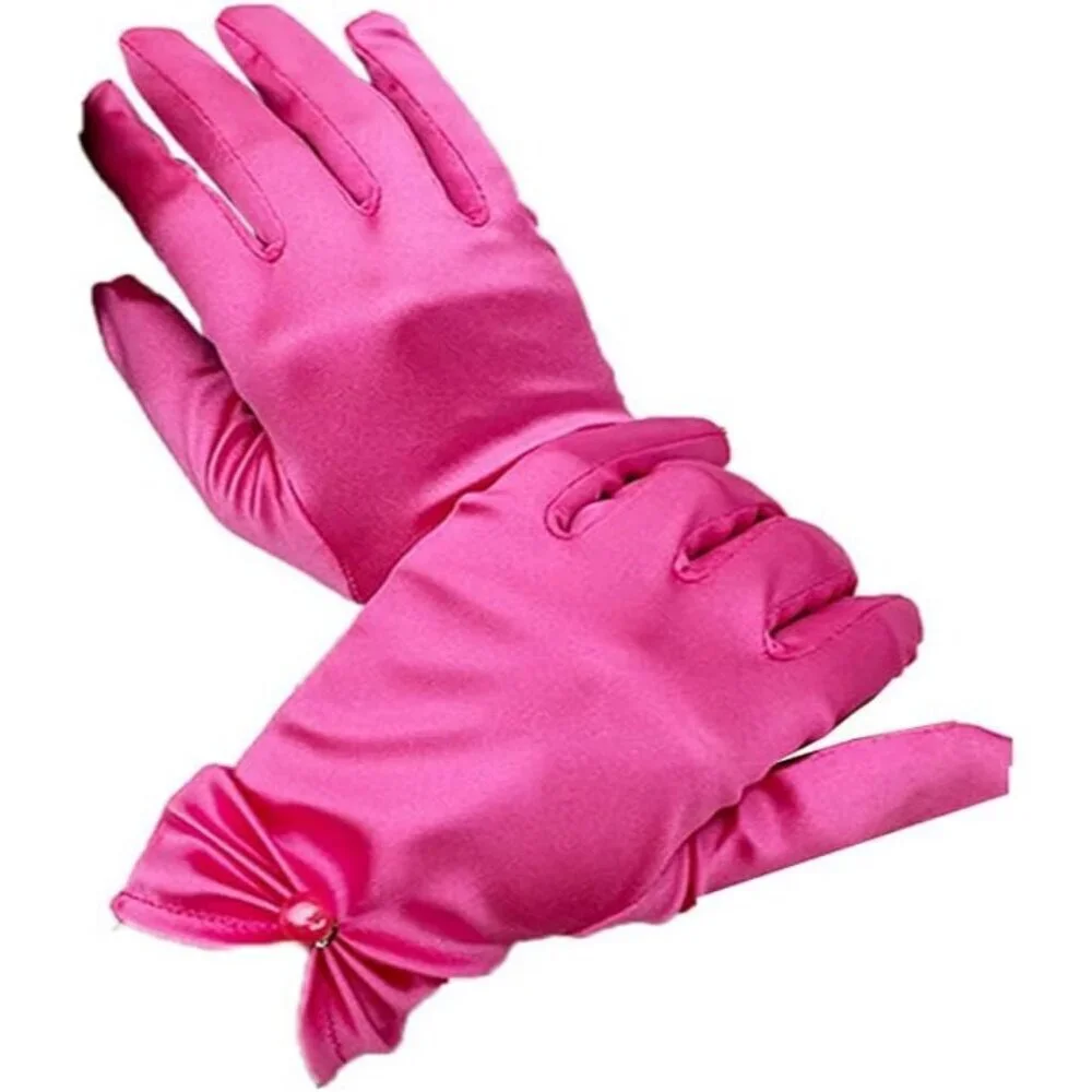 Women's Fuchsia Satin Pearl Wedding Dress Opera Party Wrist Gloves Short Length