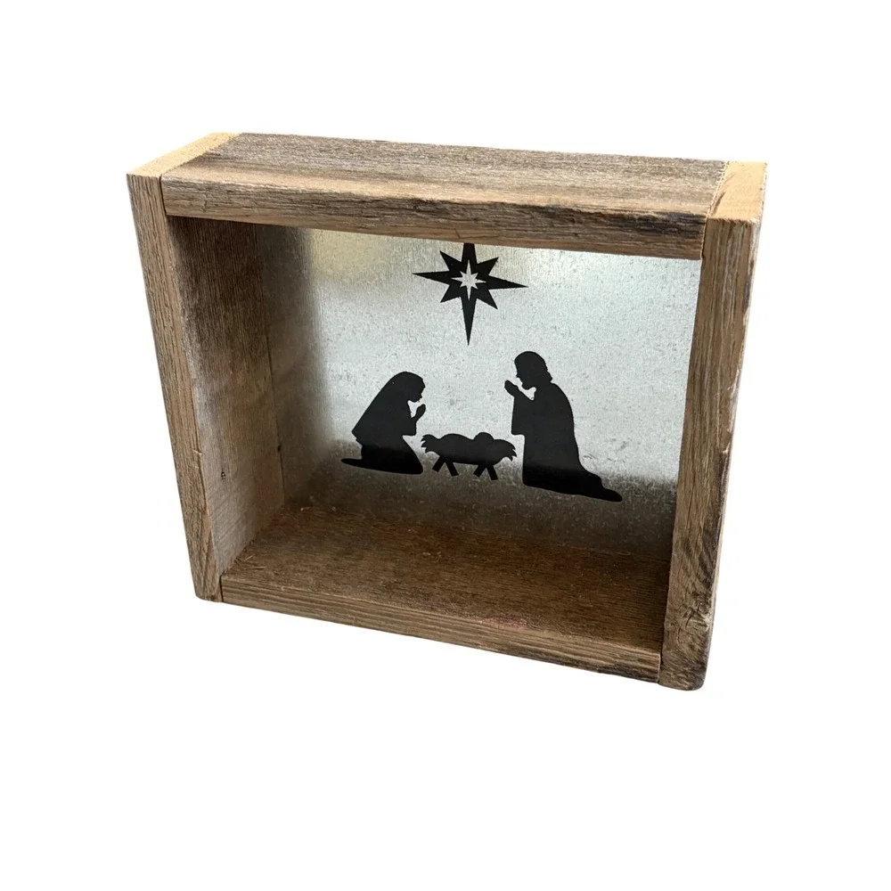 Rustic Reclaimed Wood Nativity Shadow Box Galvanized Metal Christmas Decor 8.5in