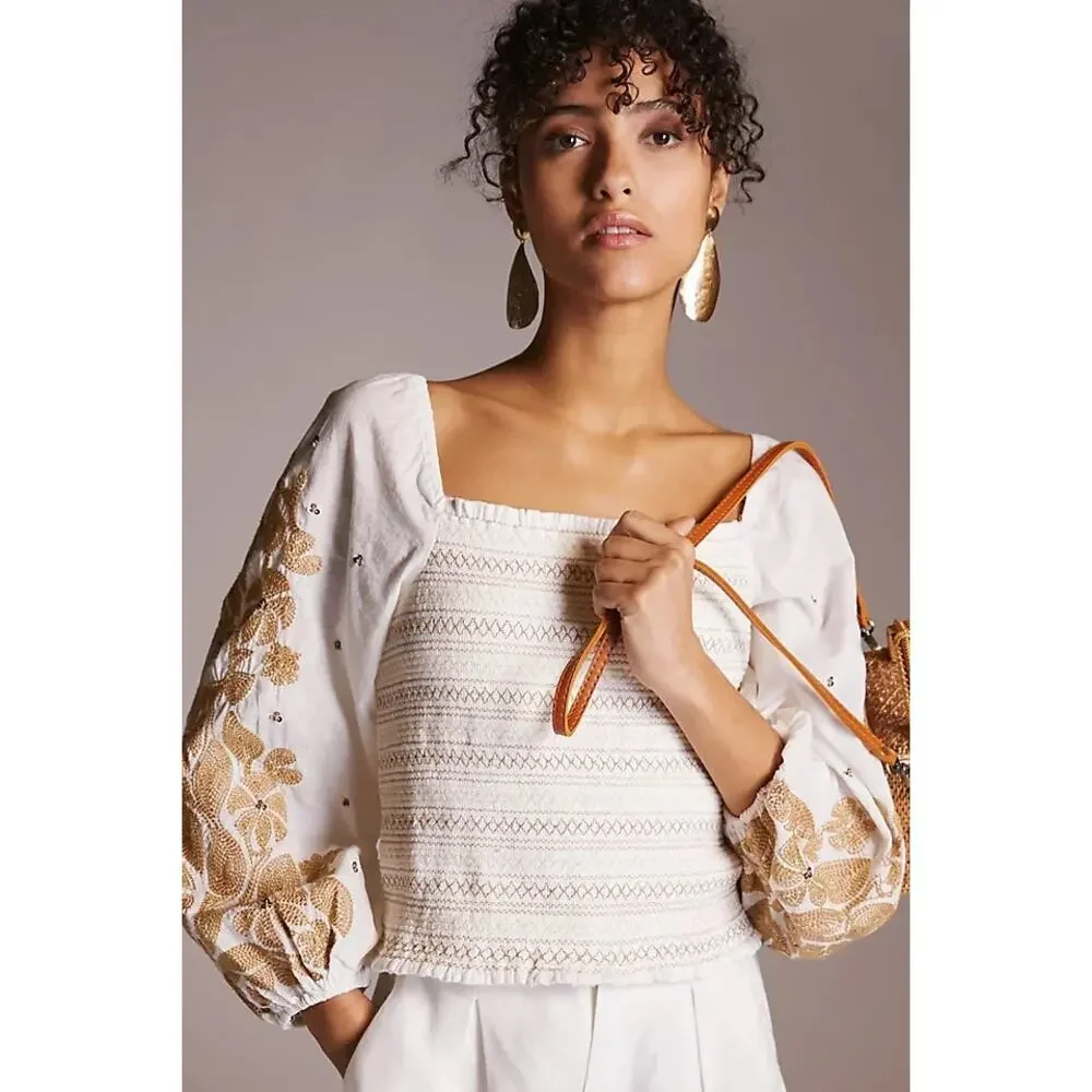 NWT Anthropologie Smocked Embroidered Top Size Small Cream Sequin Boho Chic