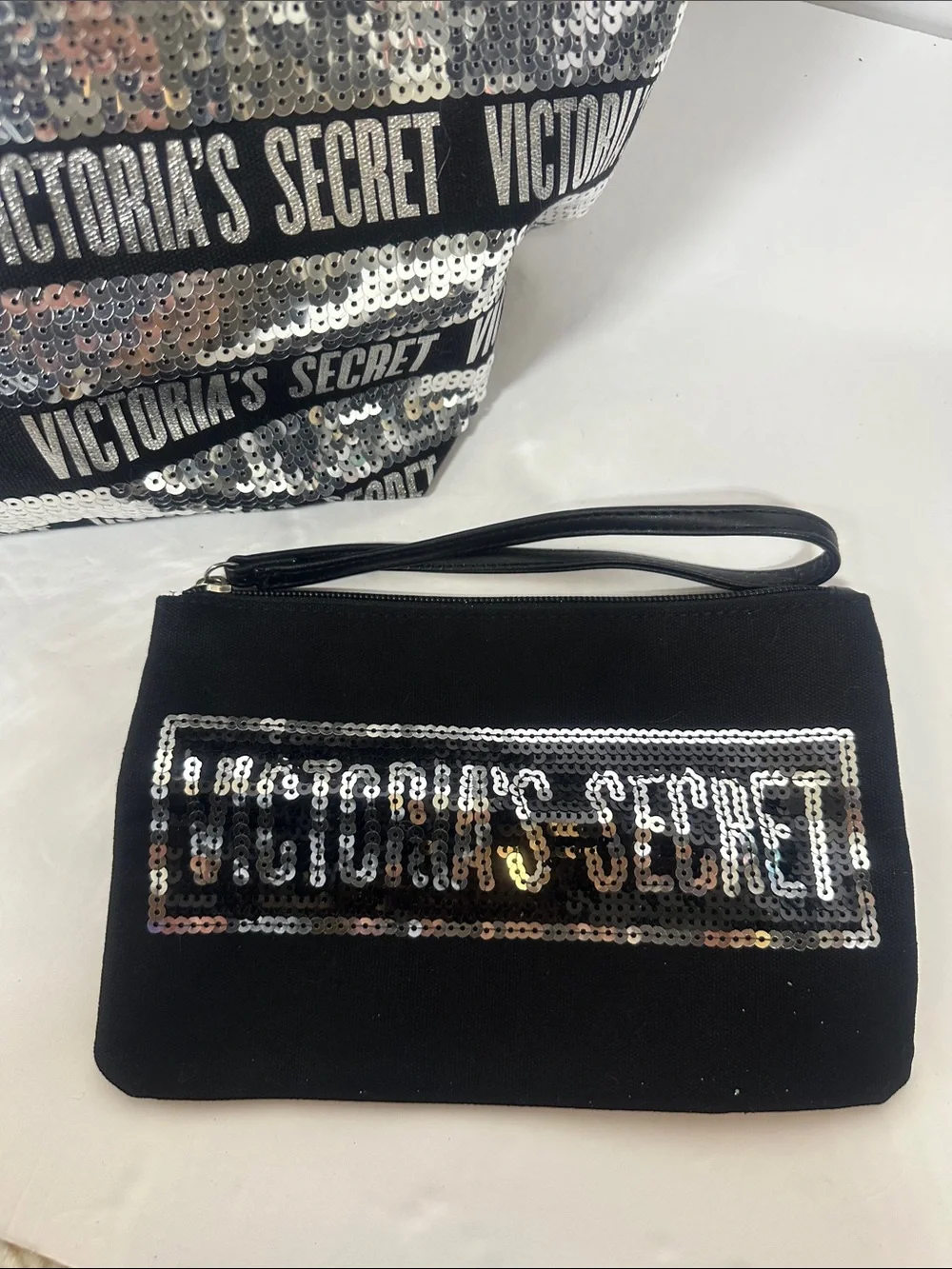 Victoria's Secret Black & Silver Sequin Logo Tote Bag and pouch Set