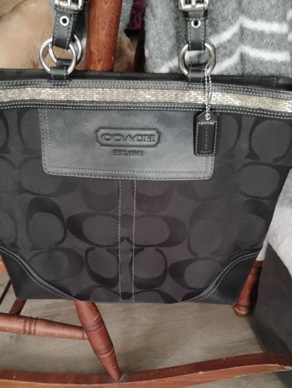 Coach Black Signature Pattern Tote with Leather Trim