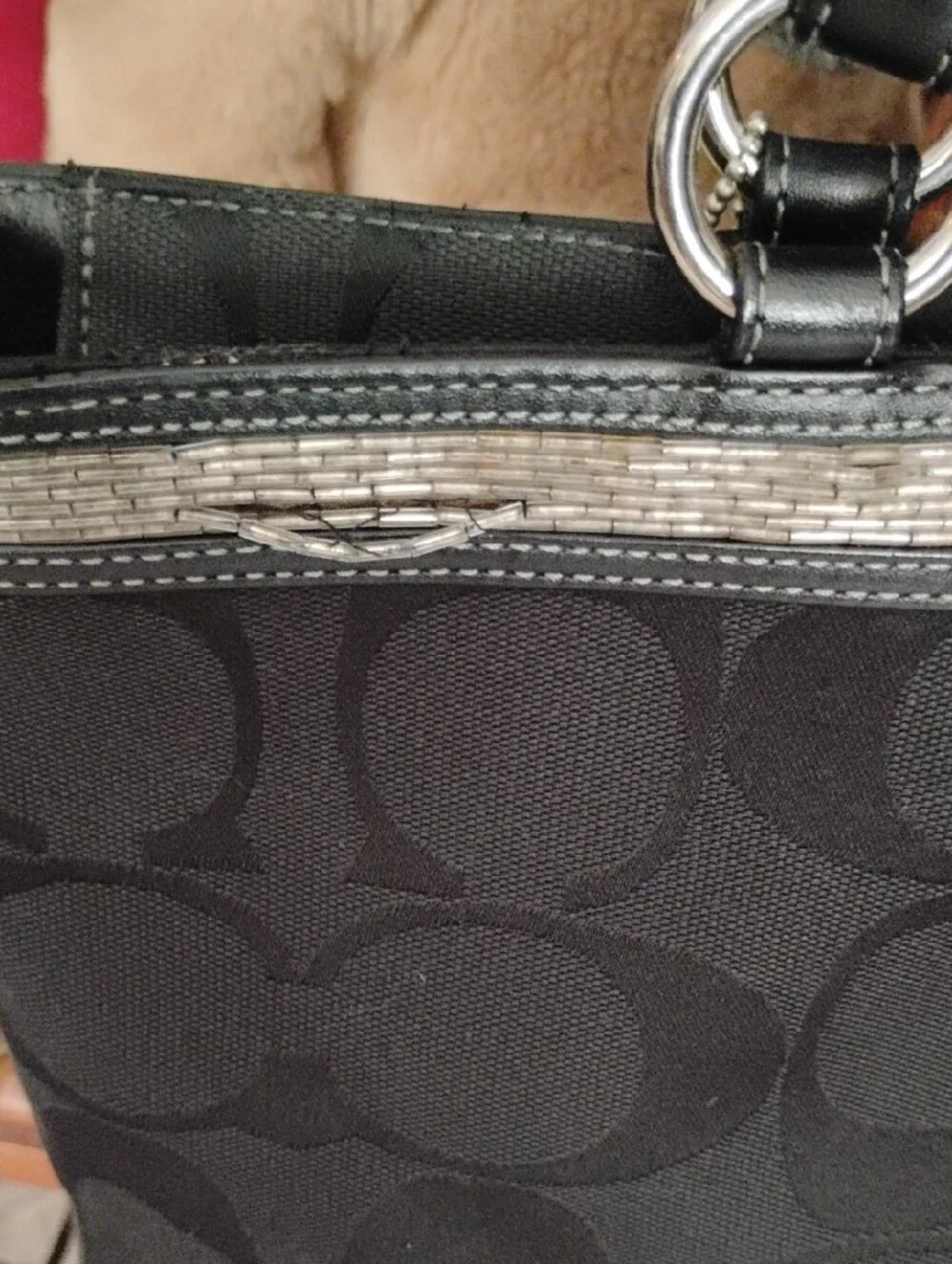Coach Black Signature Pattern Tote with Leather Trim