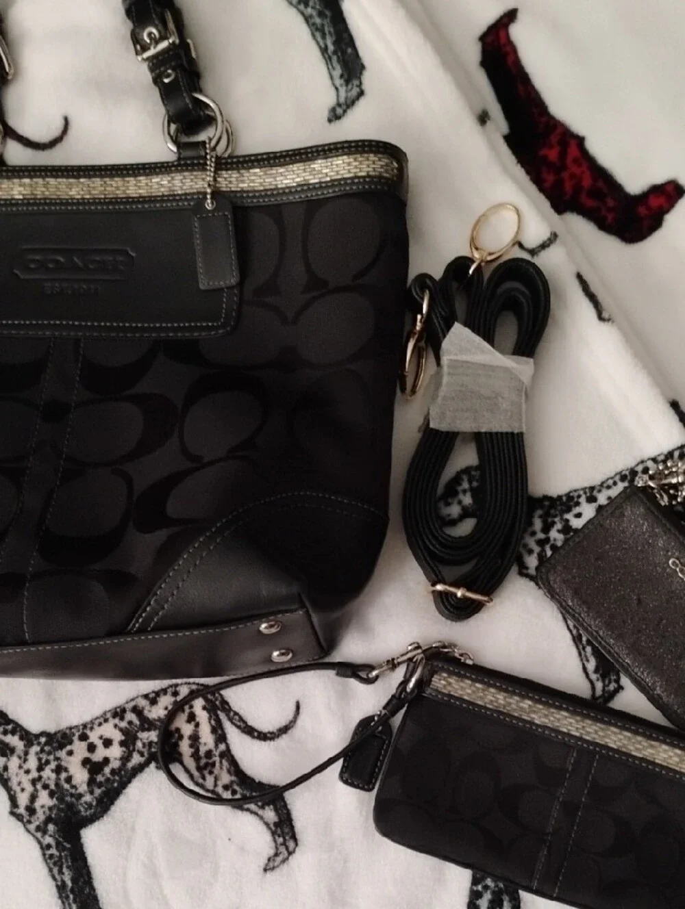 Coach Black Signature Pattern Tote with Leather Trim