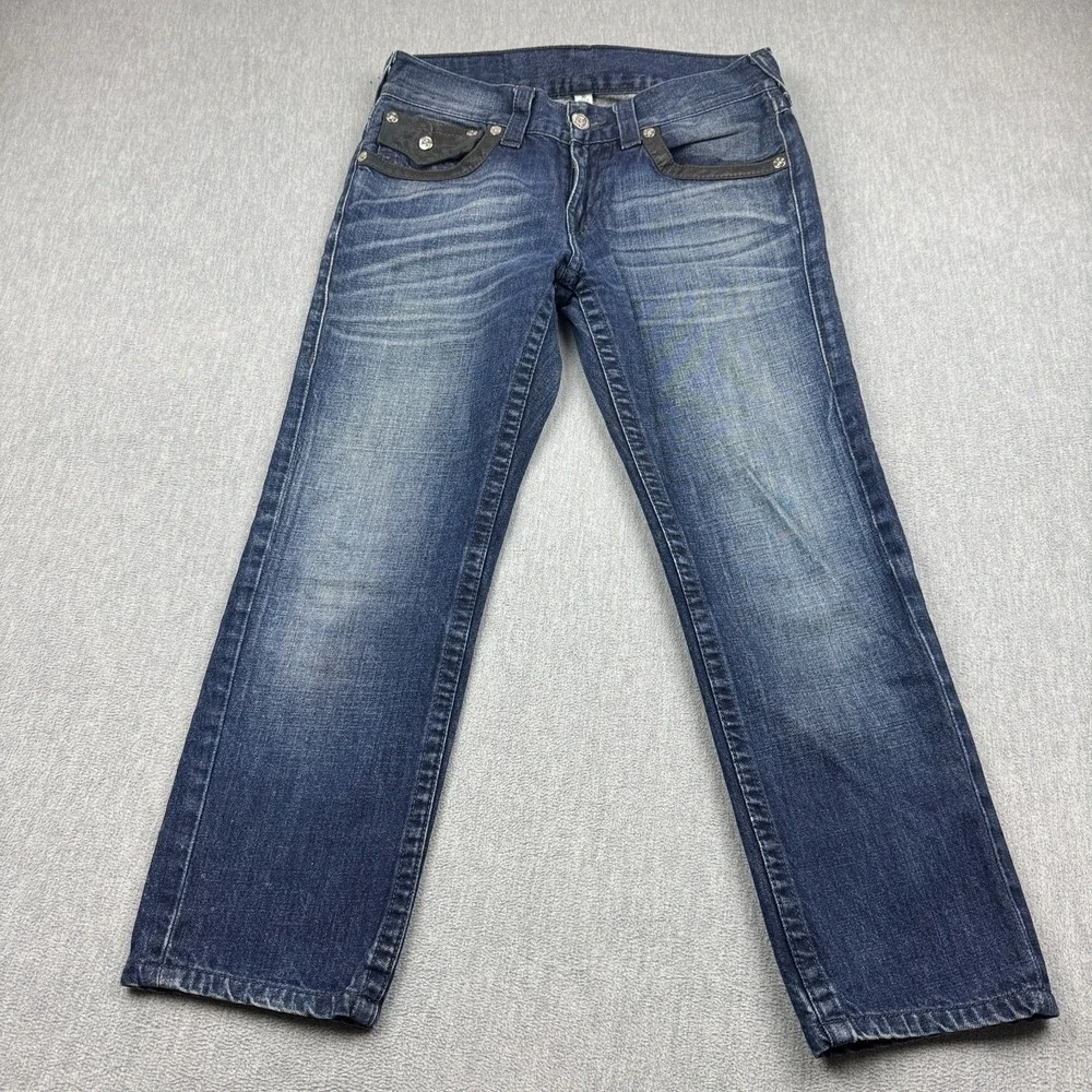 True Religion Jeans Mens 30x26 Blue Denim Skinny Flap Pocket Leather Trim Cotton