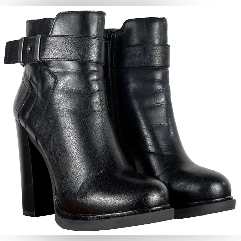 Nine West Sherbert Boots Women 5 Black Leather Moto Buckle Ankle Heeled Bootie