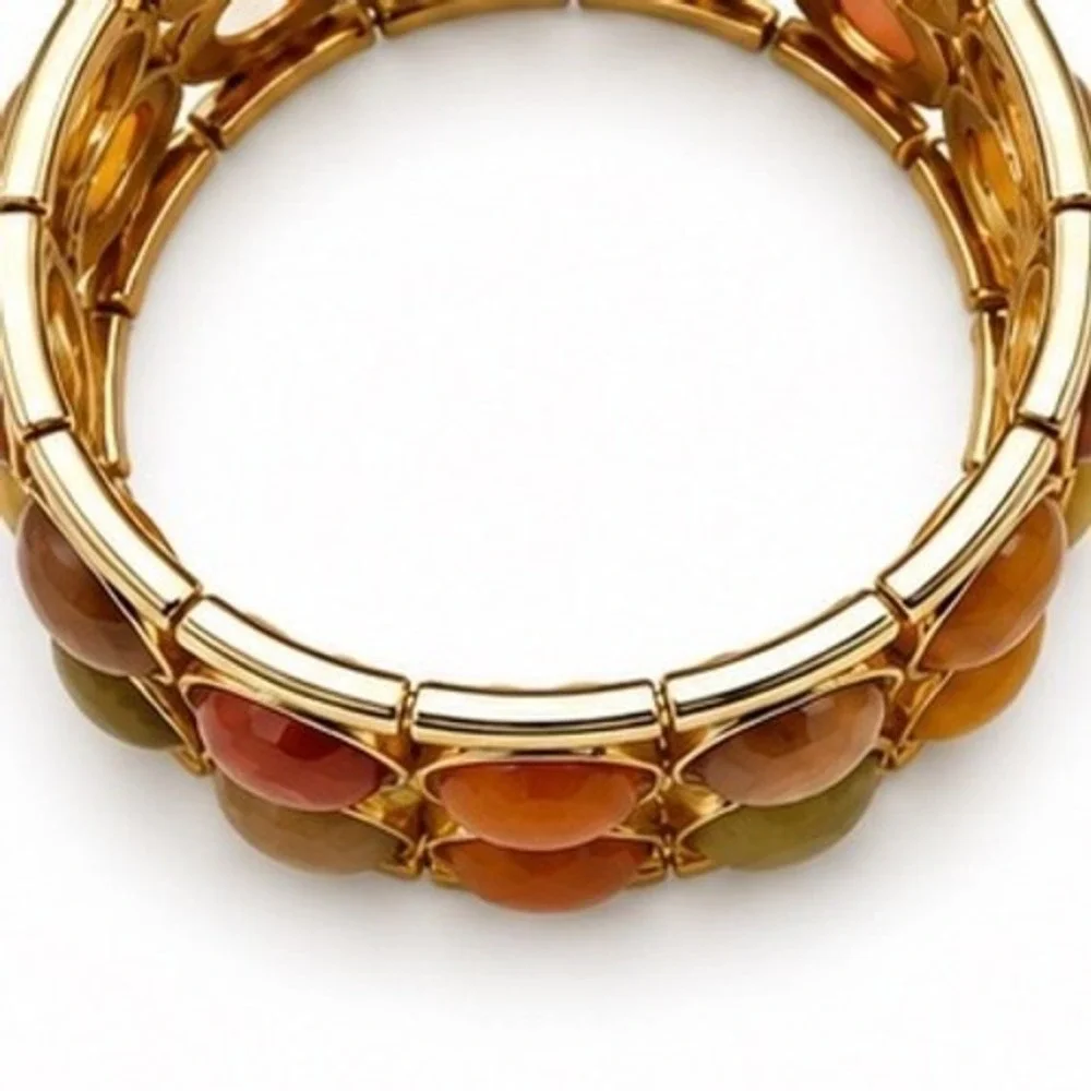 Gold Tone  Double Row Faceted Resin Cabochon  Stretch Cuff Bracelet Autumn Tones