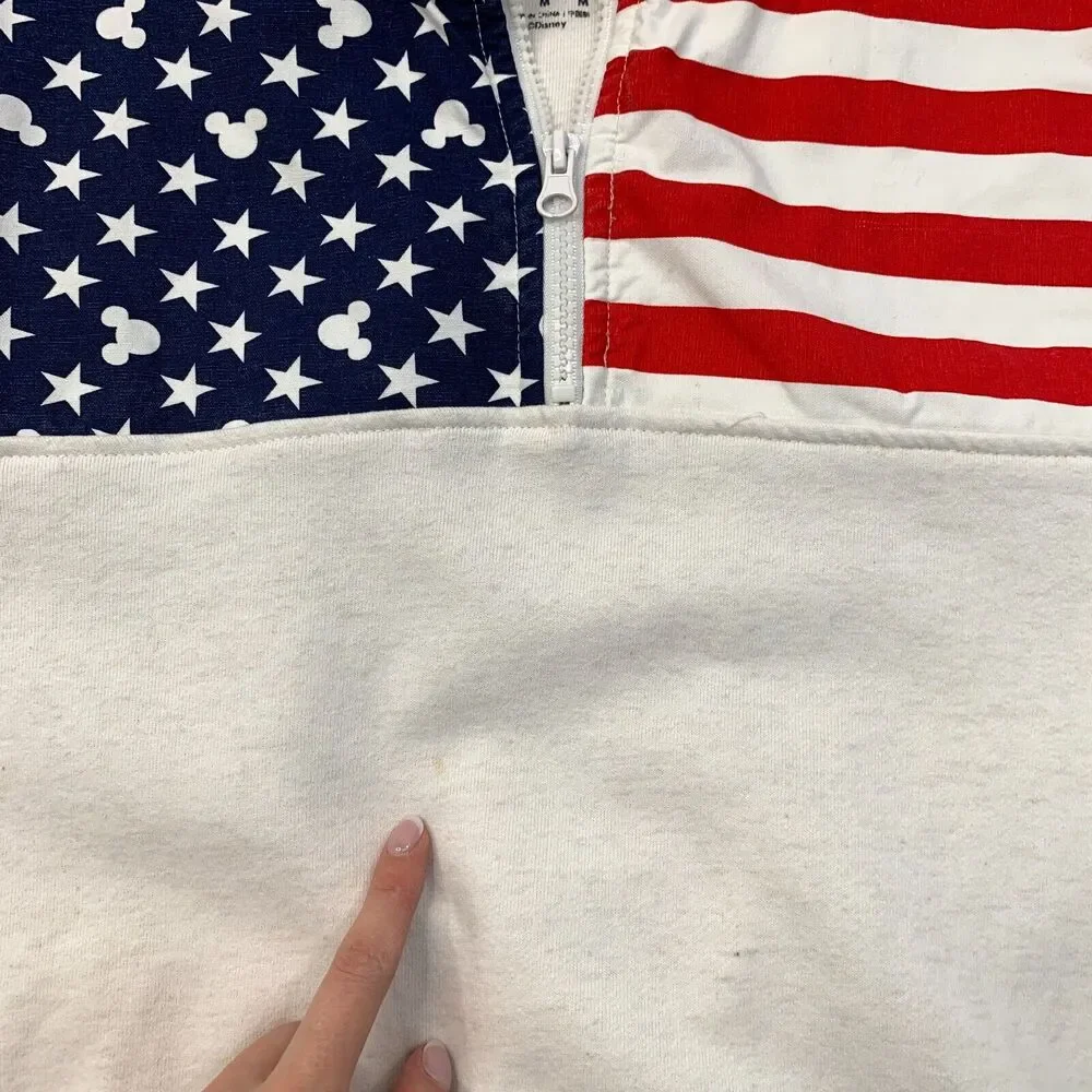 Disney USA Flag Sweater Mens S Small Cream Quarter Zip Patriotic Mickey Mouse