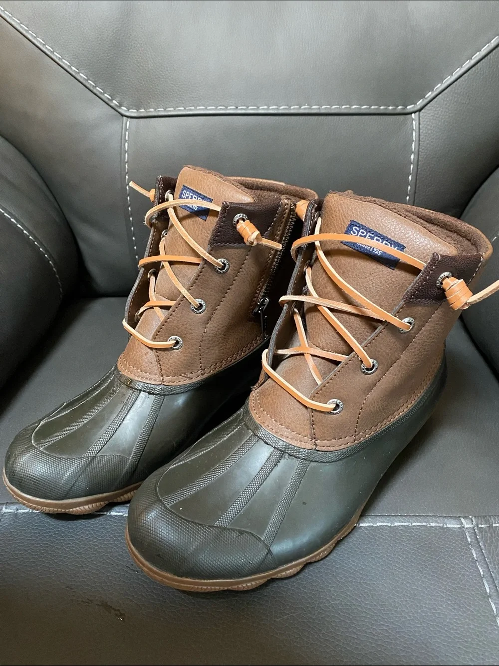 Sperry Brown Leather & Olive Green Rubber Duck Boots