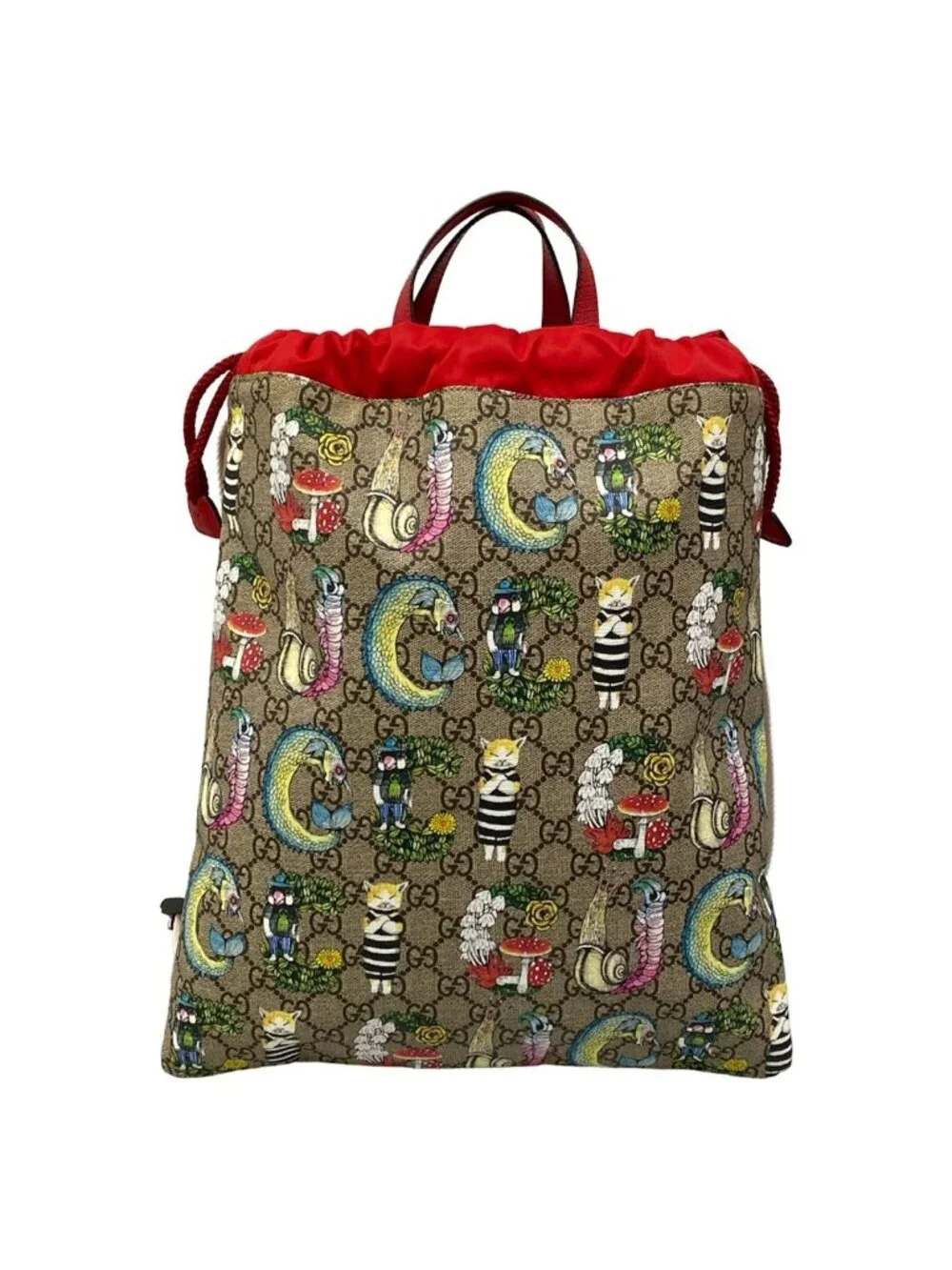 Gucci Backpack Yuko Higuchi Brown Red Multi 2-Way Drawstring Leather