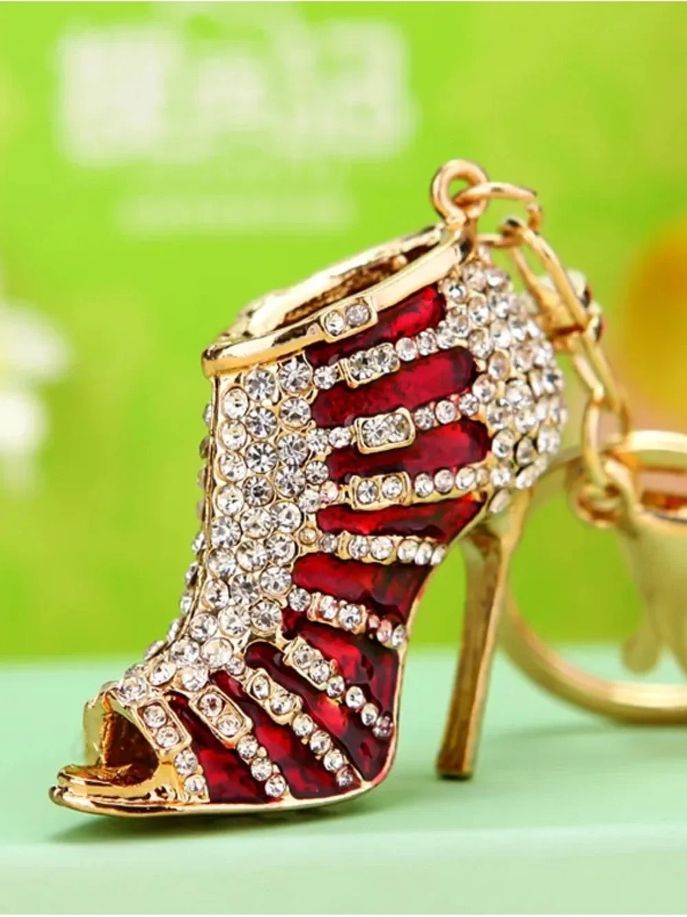 Gold & Red Crystal High Heel Keychain Charm - Women Shoes