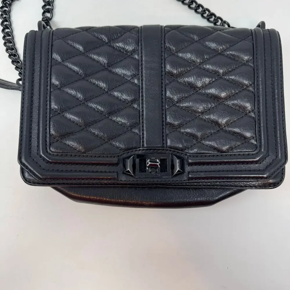 Rebecca Minkoff Quilted Love Black Leather Crossbody Bag Chain Goth Grunge Emo