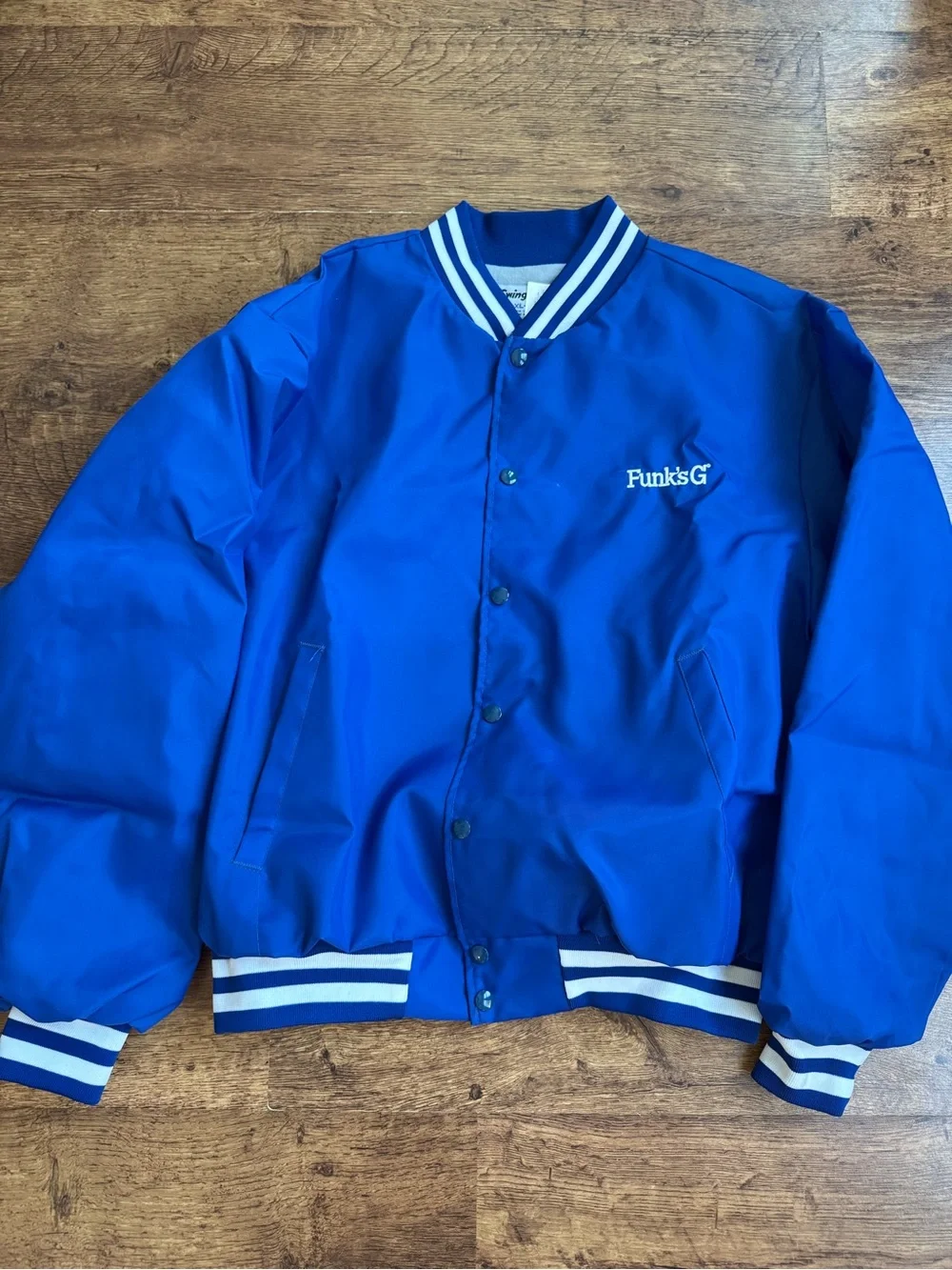 Vtg Swingster Varsity Jacket Button Up Funk’s G Size XL Blue Excellent Farm