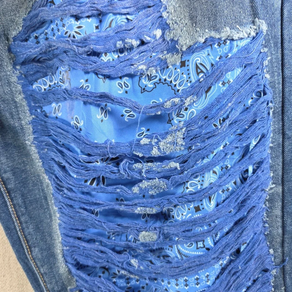 Rutherford Distressed Jeans Men 38 Blue Paisley Bandana Patch Streetwear Denim