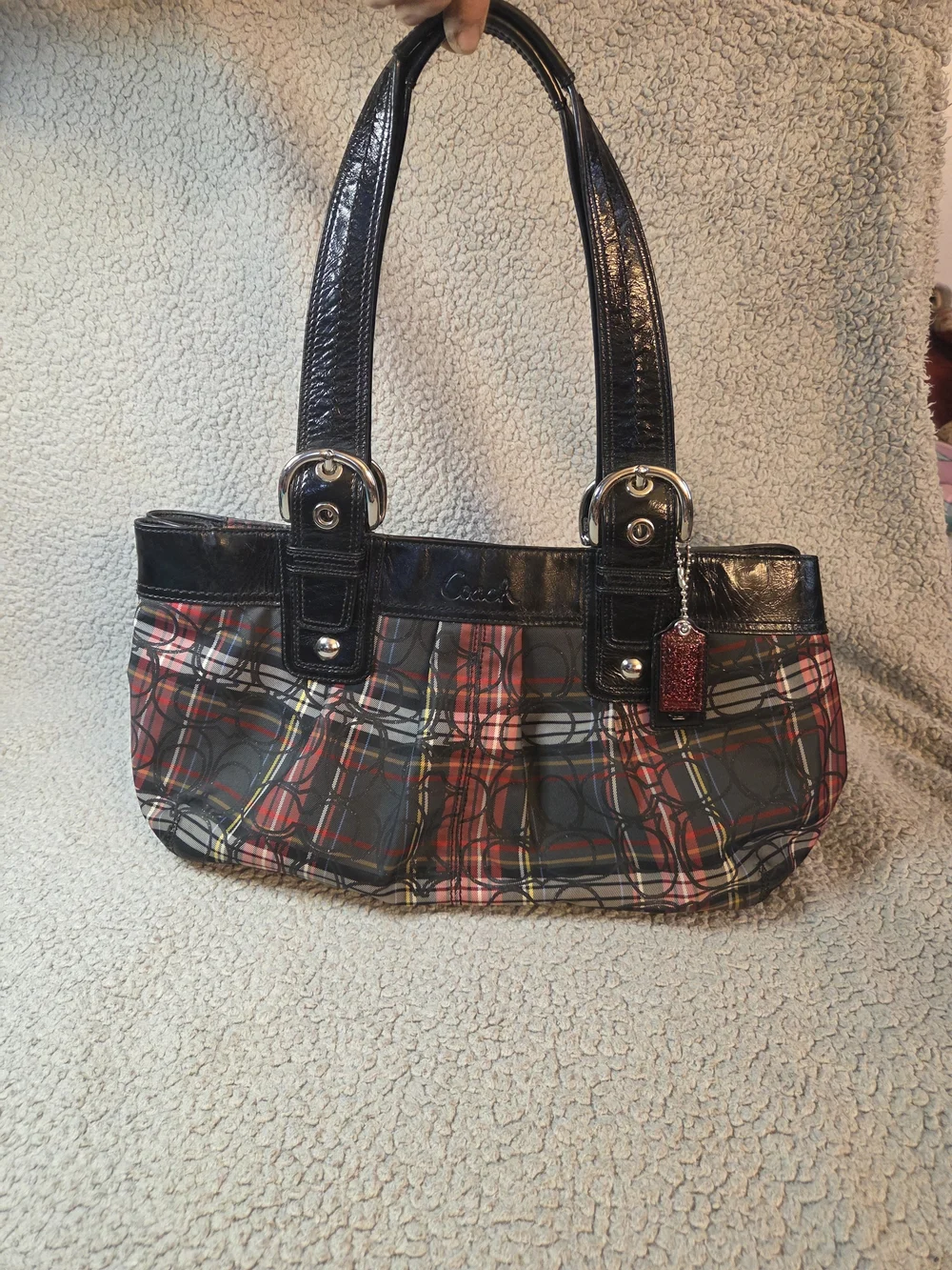 Coach Plaid Shoulder Bag with Black Trim and Red Accent