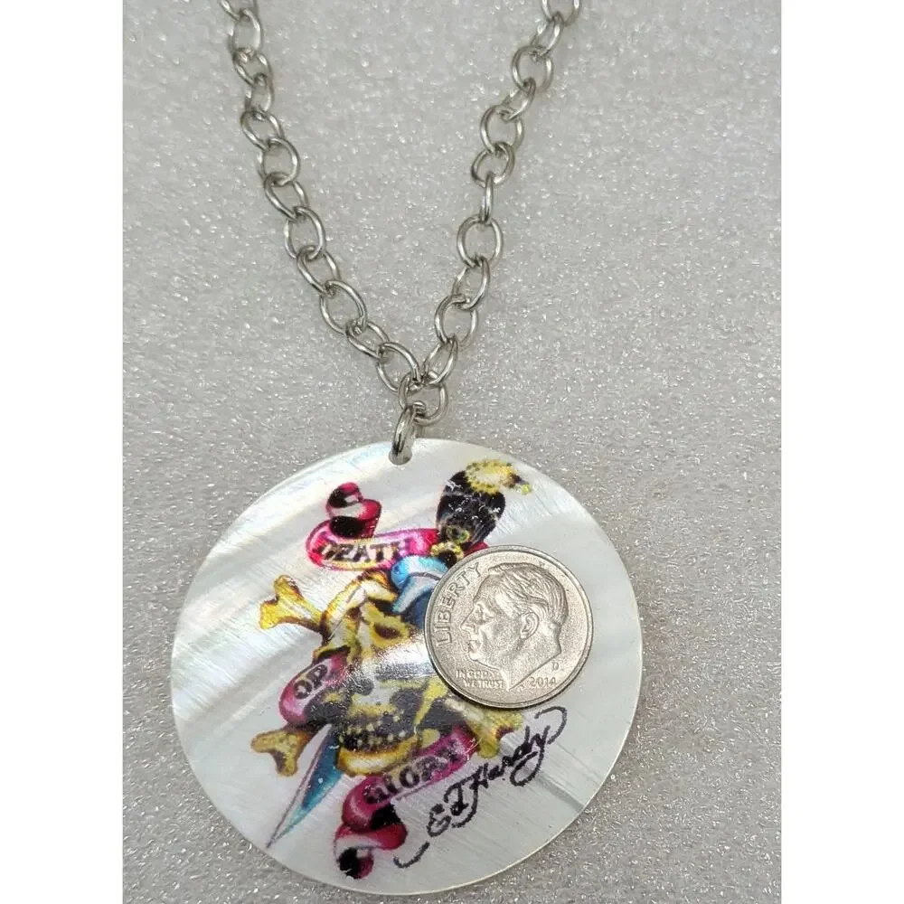 New ED HARDY Death or Glory Mother of Pearl Necklace and Earrings Set