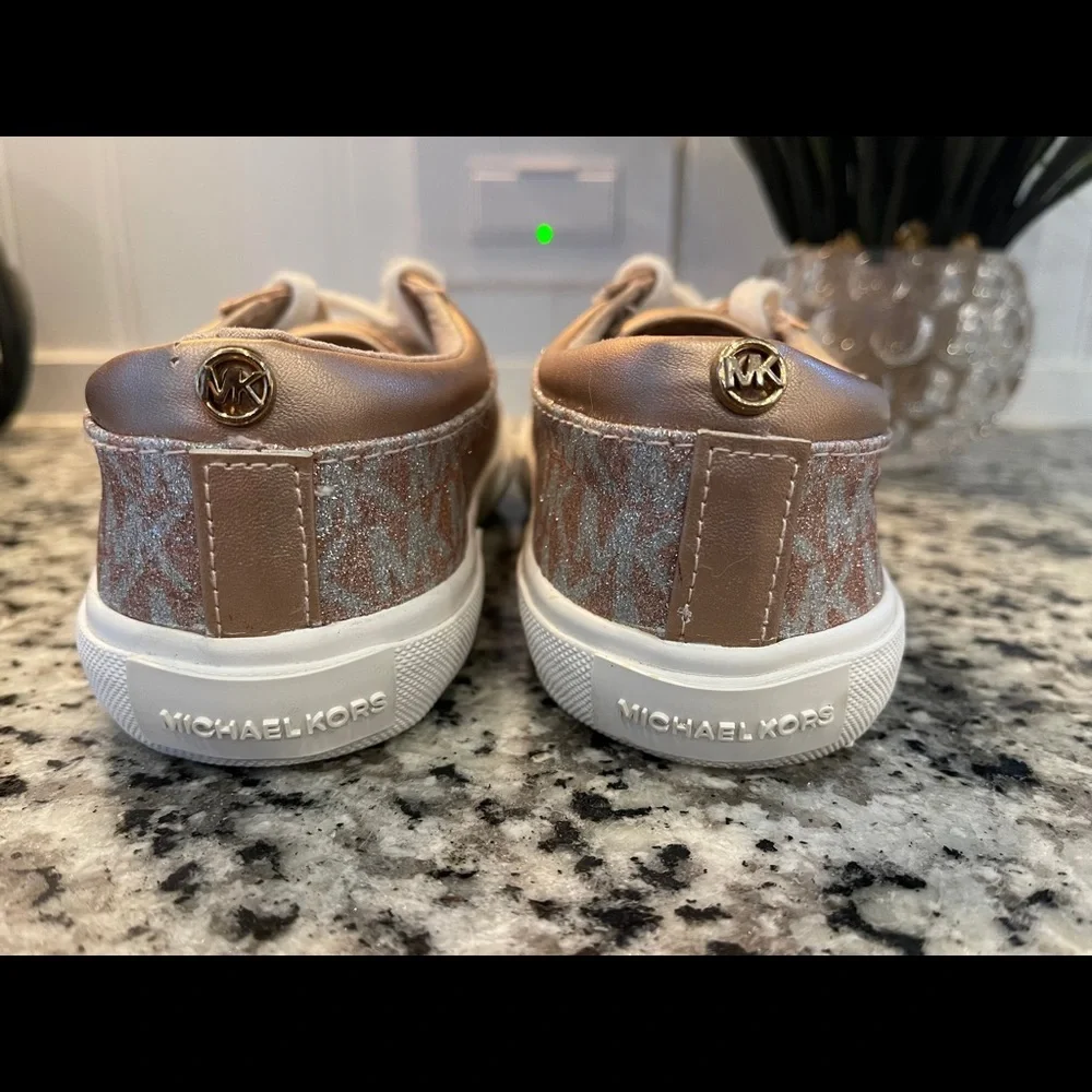 Michael Kors Girls Rose Gold Glitter Monogram Sneakers Size 13 Little Kid