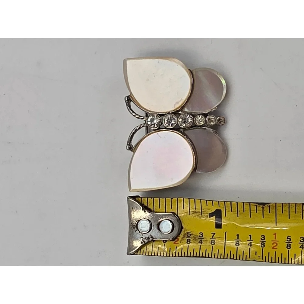 Monet Butterfly Brooch Mother of Pearl Rhinestone Silver Tone Vintage Pin