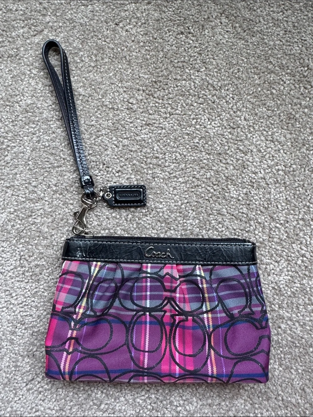Coach Pink and Purple Signature Wristlet with Black Trim
