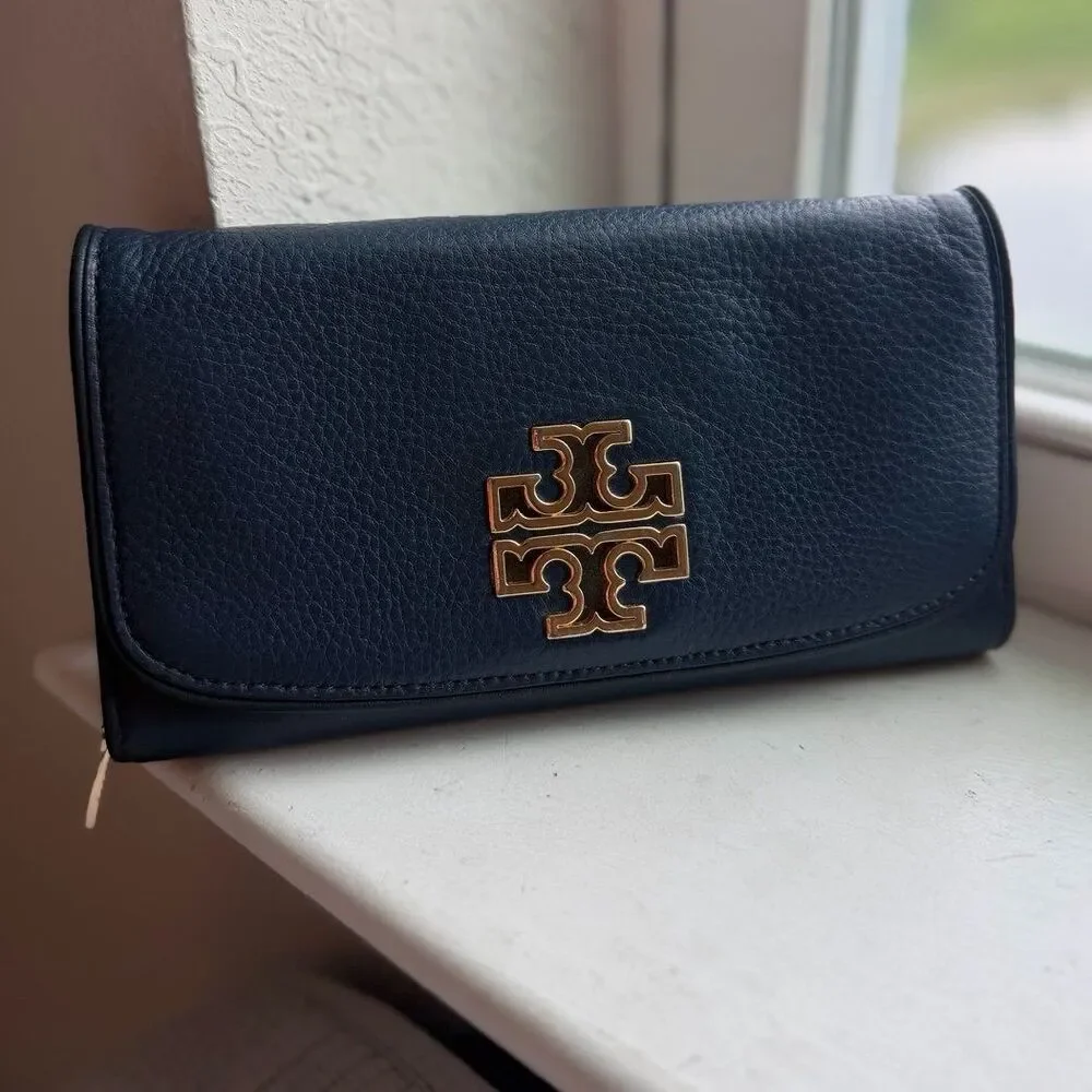 Tory Burch Britten Leather Envelope Wallet in Dark Blue and Gold EUC