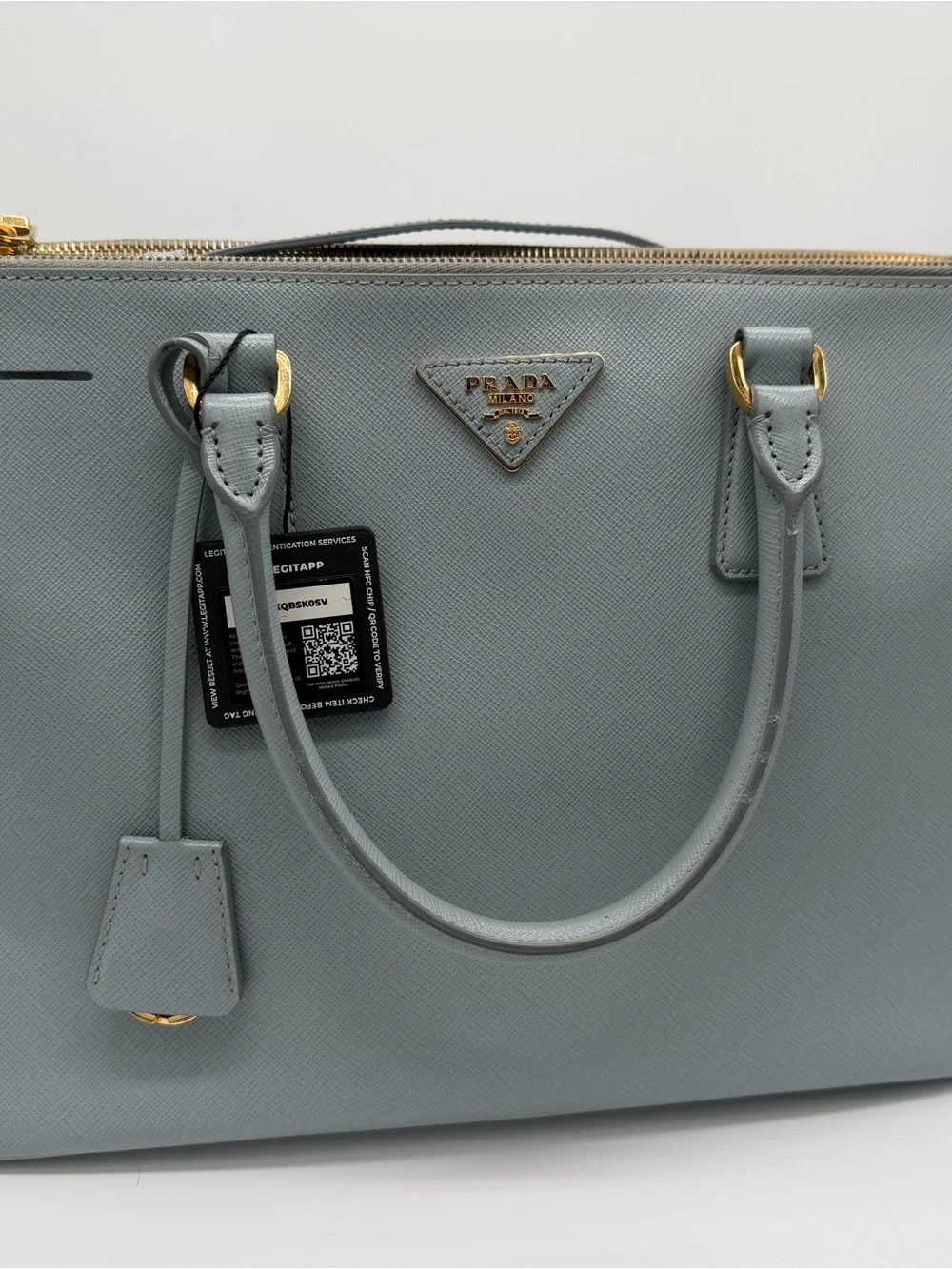 Prada Saffiano Leather Satchel in Light Blue-Gray with Gold Hardware