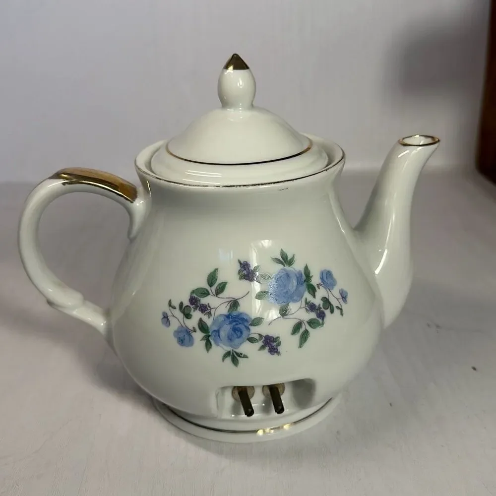 Vintage Ceramic Electric Teapot Blue Purple flowers on white‎ Japan 120V 350W
