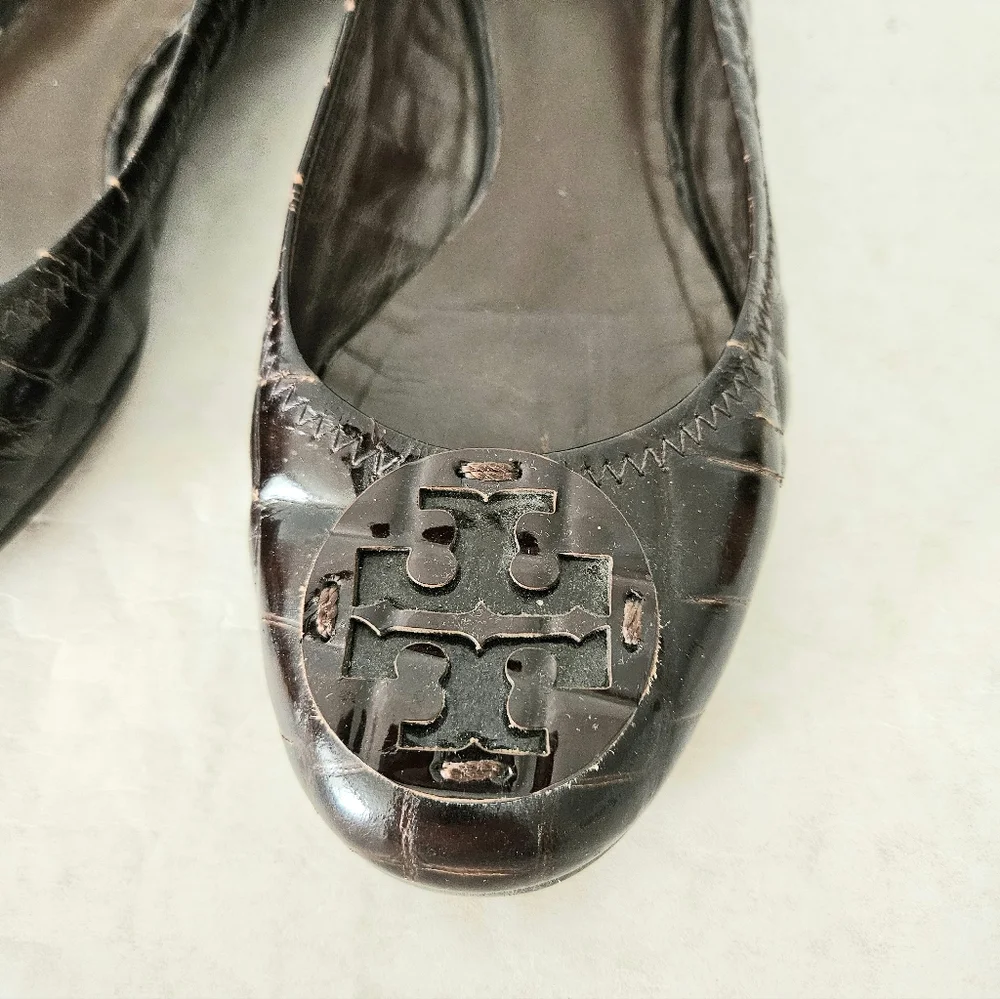 Tory Burch Brown Patent Leather Embossed Ballet Flats