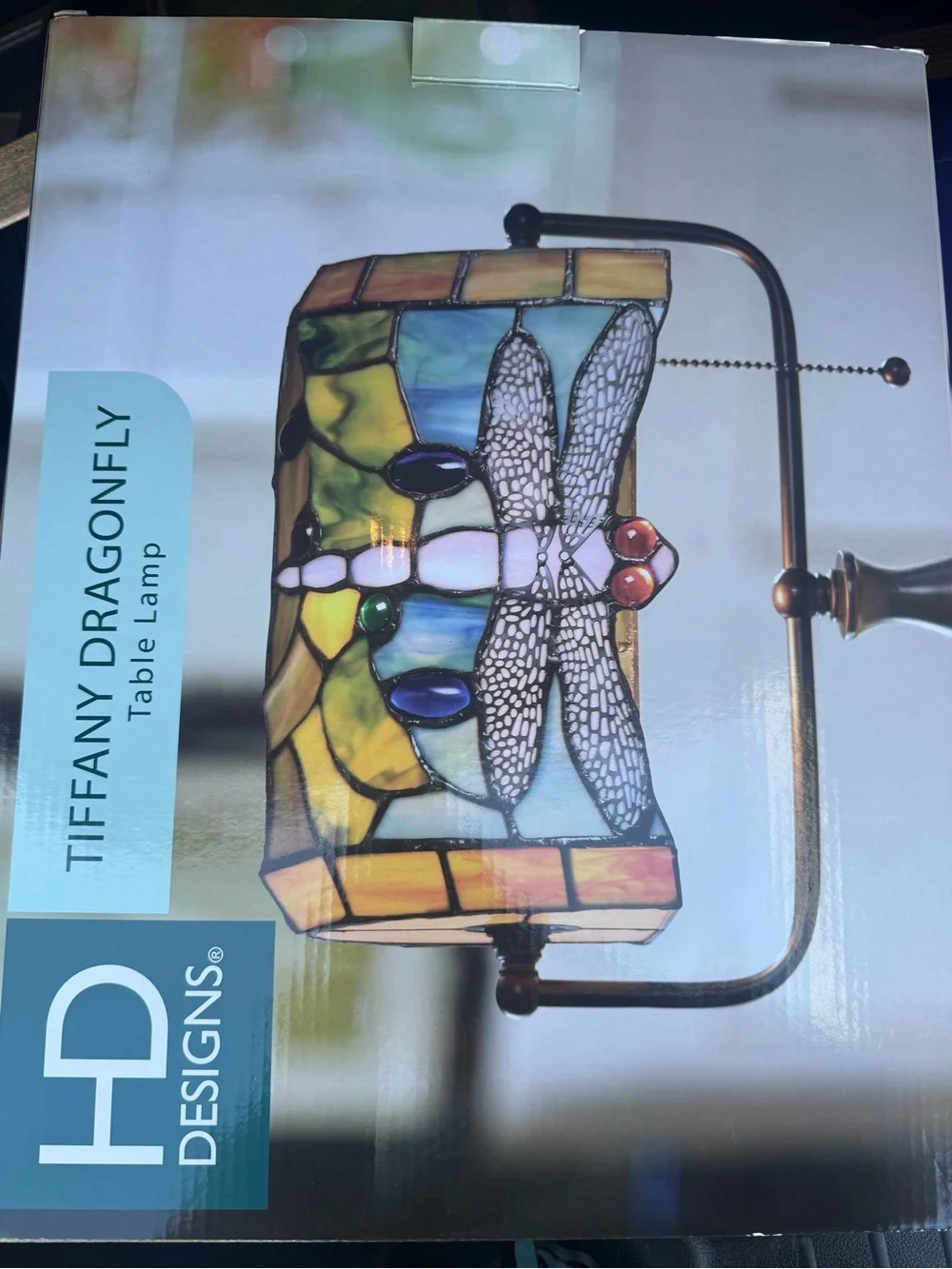 NEW IN BOX vintage Tiffany Dragonfly Stained Glass Table Lamp - Multicolor
