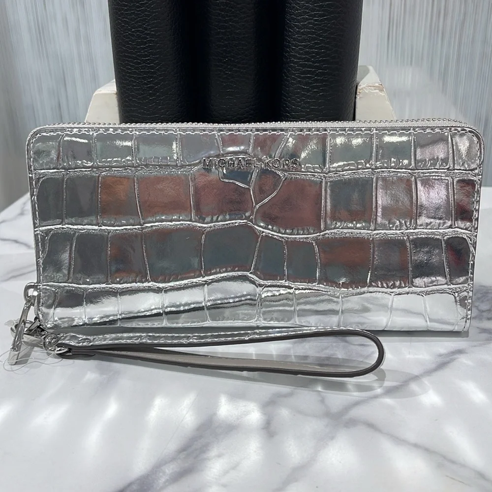 Michael Kors JST Metallic Crocodile Embossed Leather Continental Wallet NWT