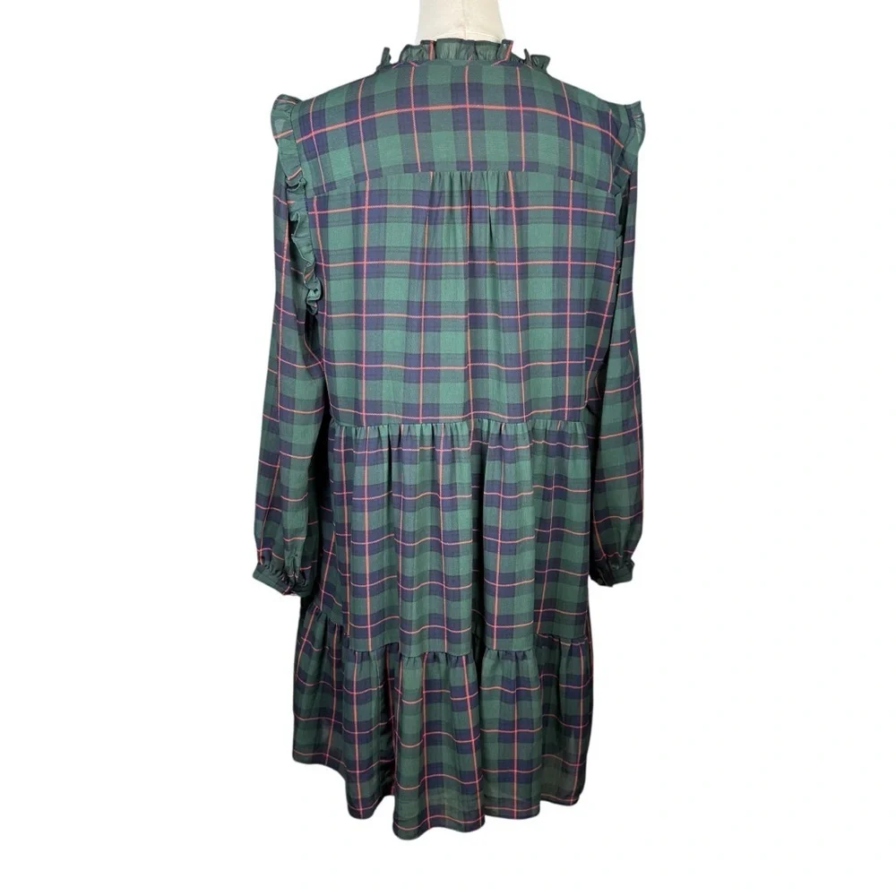 J.Crew Tartan Plaid Tiered Dress XL Green Blue Ruffle Tie Neck Long Sleeve