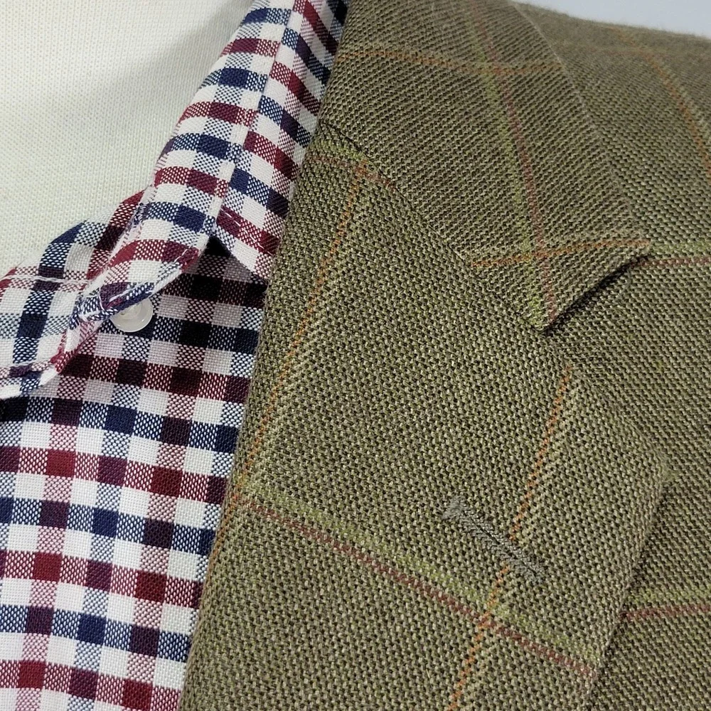 Tasso Elba Men's Sport Coat Blazer Two Button Olive Plaid Silk‎ Camel hair 42L