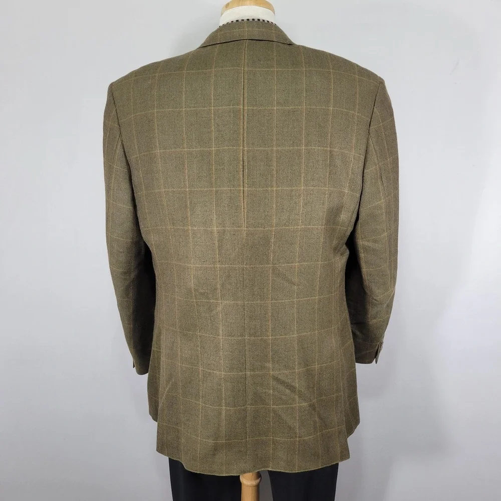 Tasso Elba Men's Sport Coat Blazer Two Button Olive Plaid Silk‎ Camel hair 42L