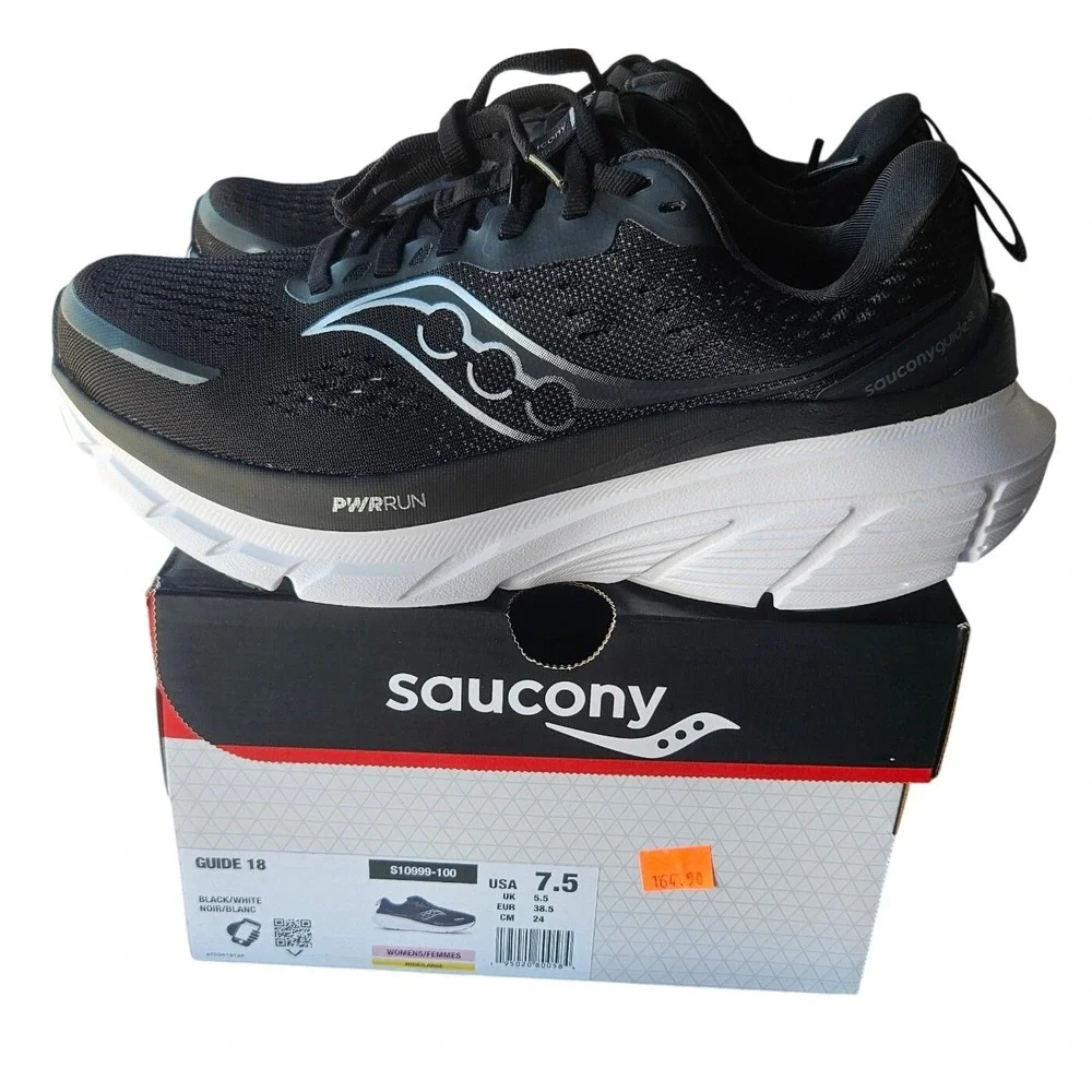 Saucony Guide 18 Womens 7.5 Wide Running Shoes Black White S10999-100 PWRRUN