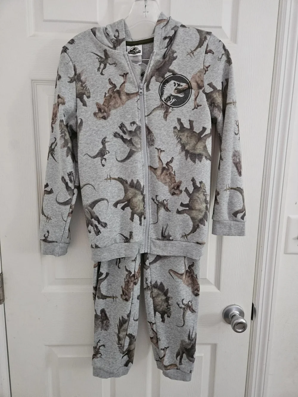 Jurassic-themed Kids Gray Dinosaur Zip Hoodie & Pants  Set