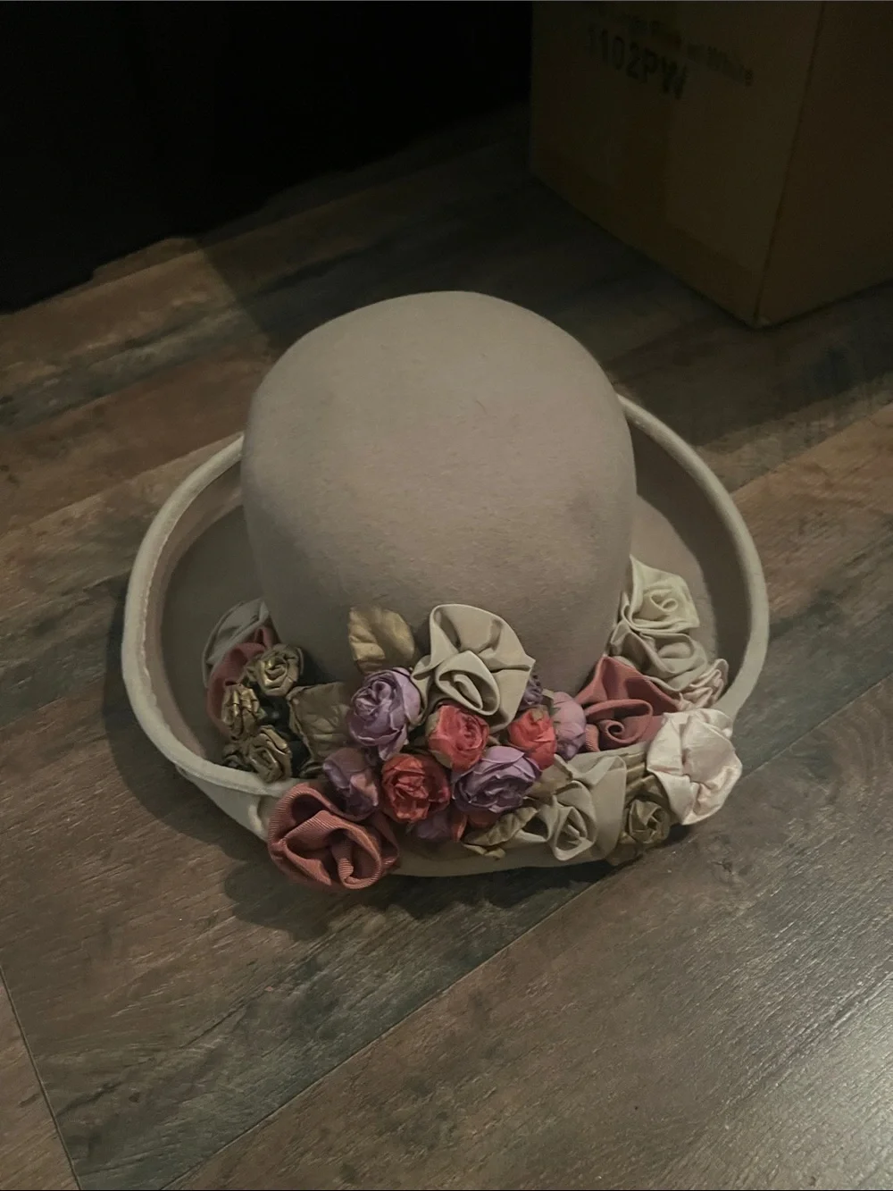 Whittall & Shon Women's Taupe 100% wool Hat with Floral Trim