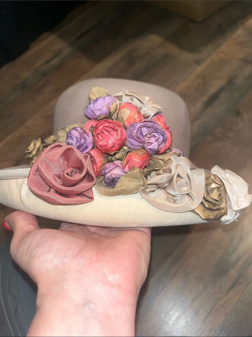 Whittall & Shon Women's Taupe 100% wool Hat with Floral Trim