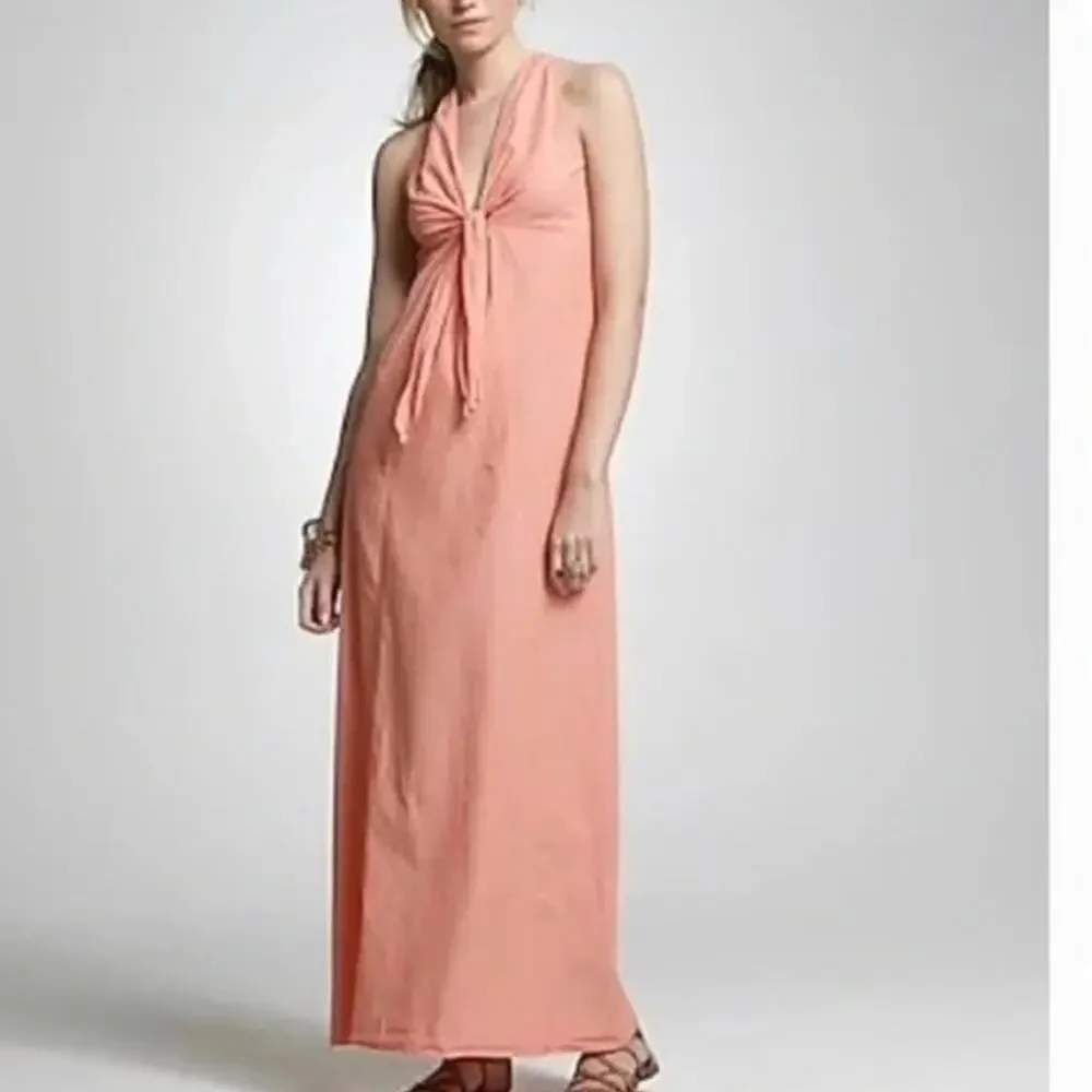 J.Crew Chambray  Sleeveless Halter Tie Front Maxi Dress VNeck Lightweight Salmon