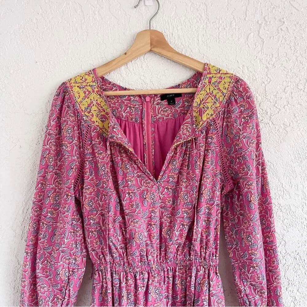 J. Crew | Embroidered Romper Pink Vines Block Print AP193