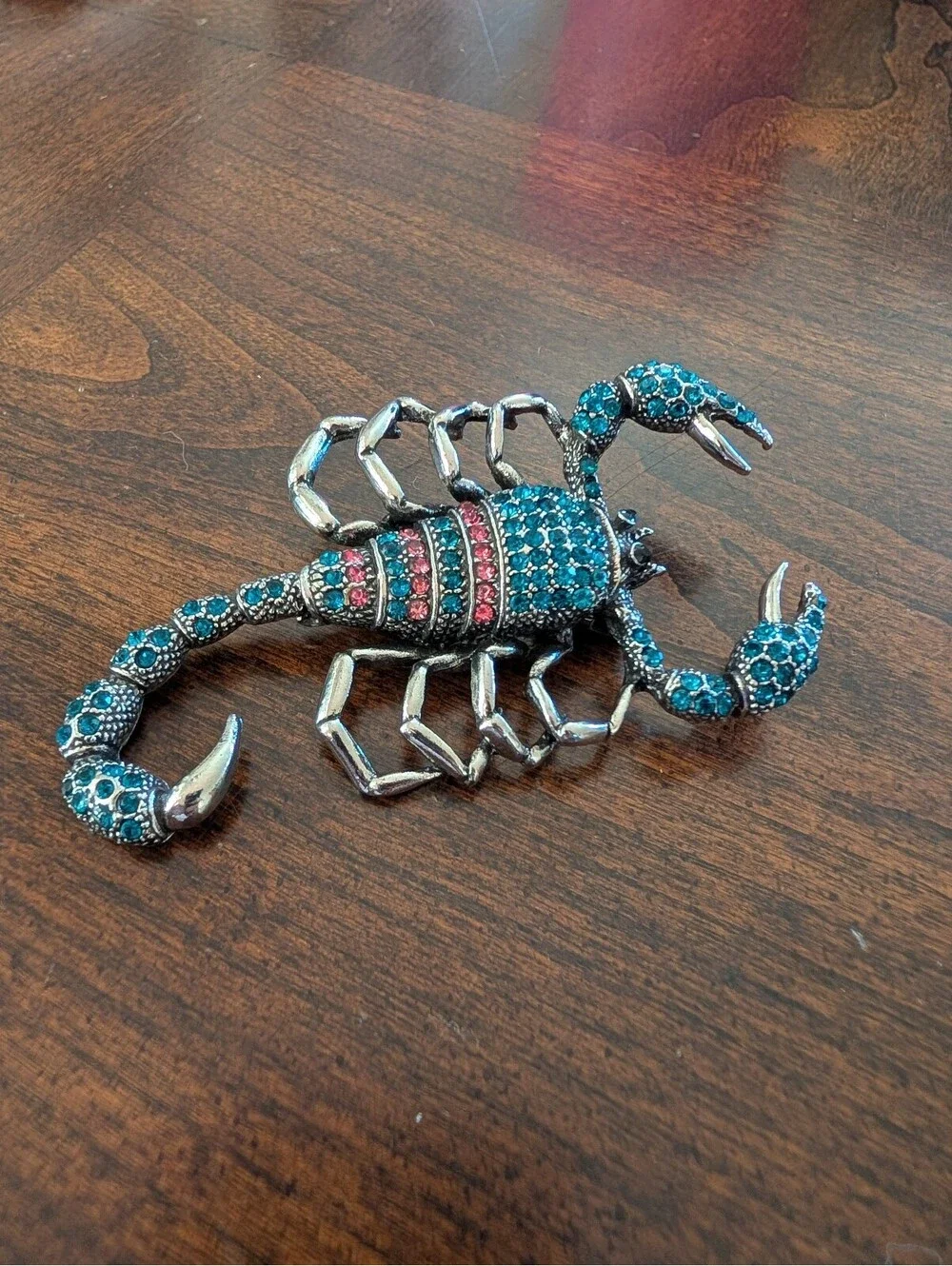 Teal Blue Pink Silver Tone Scorpion Brooch Tail Moves New