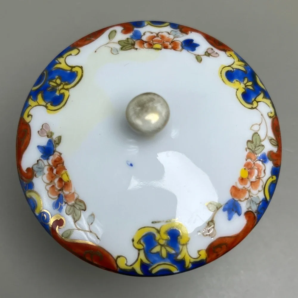 Antique Nippon Hand Painted Porcelain Lidded Pedestal Trinket Dish Floral 2.75