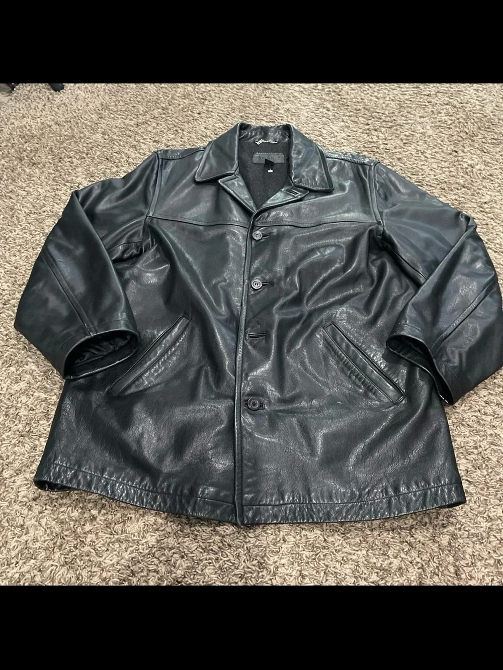 J. Crew vintage 100% leather black button-down coat men’s large.