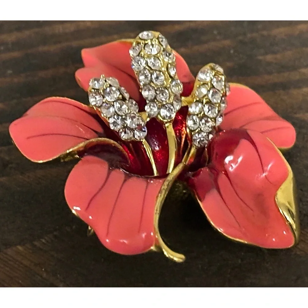 Vtg Hibiscus Flower Brooch Coral Pink Red Enamel Rhinestone Gold Tone Floral Pin