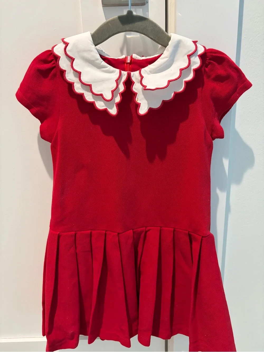 Girls Red Pleated Formal Dress with White Scallop Collar