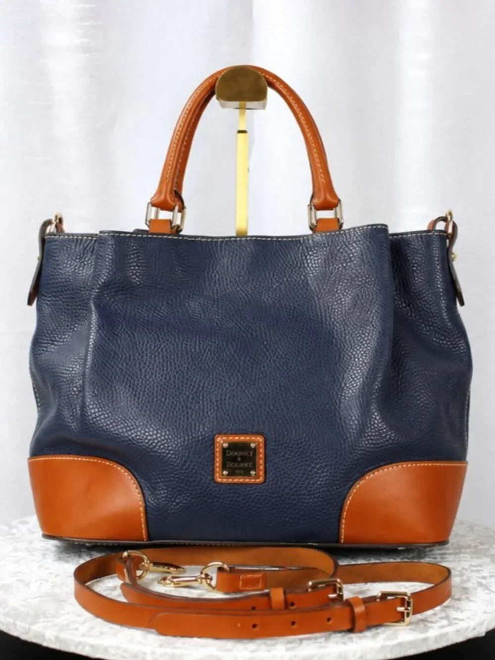 Dooney & Bourke Pebble Grain Leather Satchel Navy & British Tan Crossbody Bag