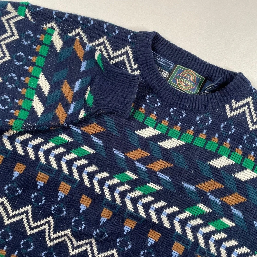 Bonjour Menswear Vintage Navy Geometric Fair‎ Isle Knit Sweater Large