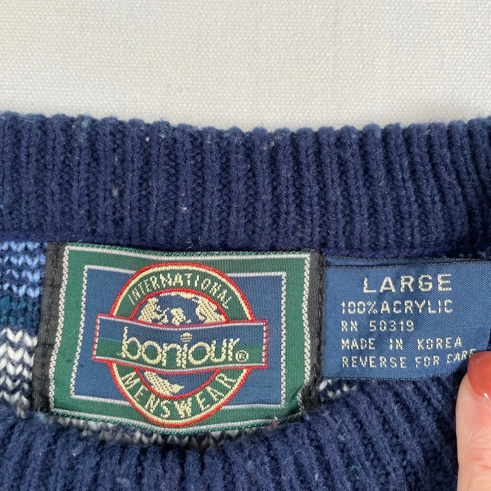 Bonjour Menswear Vintage Navy Geometric Fair‎ Isle Knit Sweater Large