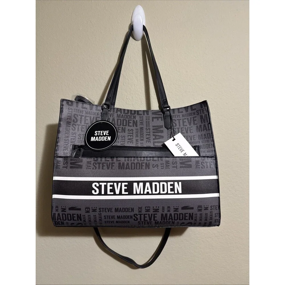 Steve Madden Black Bolivia Tote Logo Bag with Interior  Pouch Black